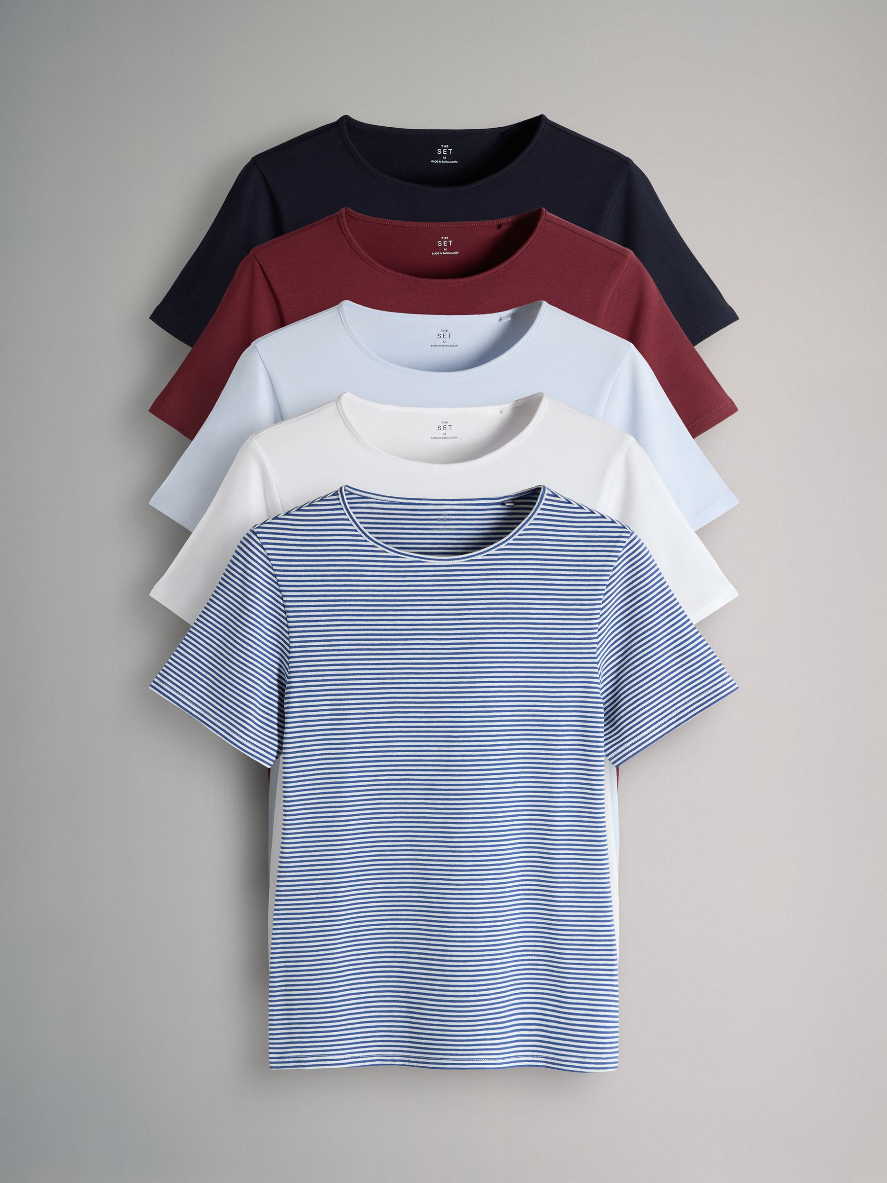 5 Pack Short Sleeve Fitted Crew Neck T-Shirts Red/Navy/Stripe/Light Blue/White - Image 1 of 6
