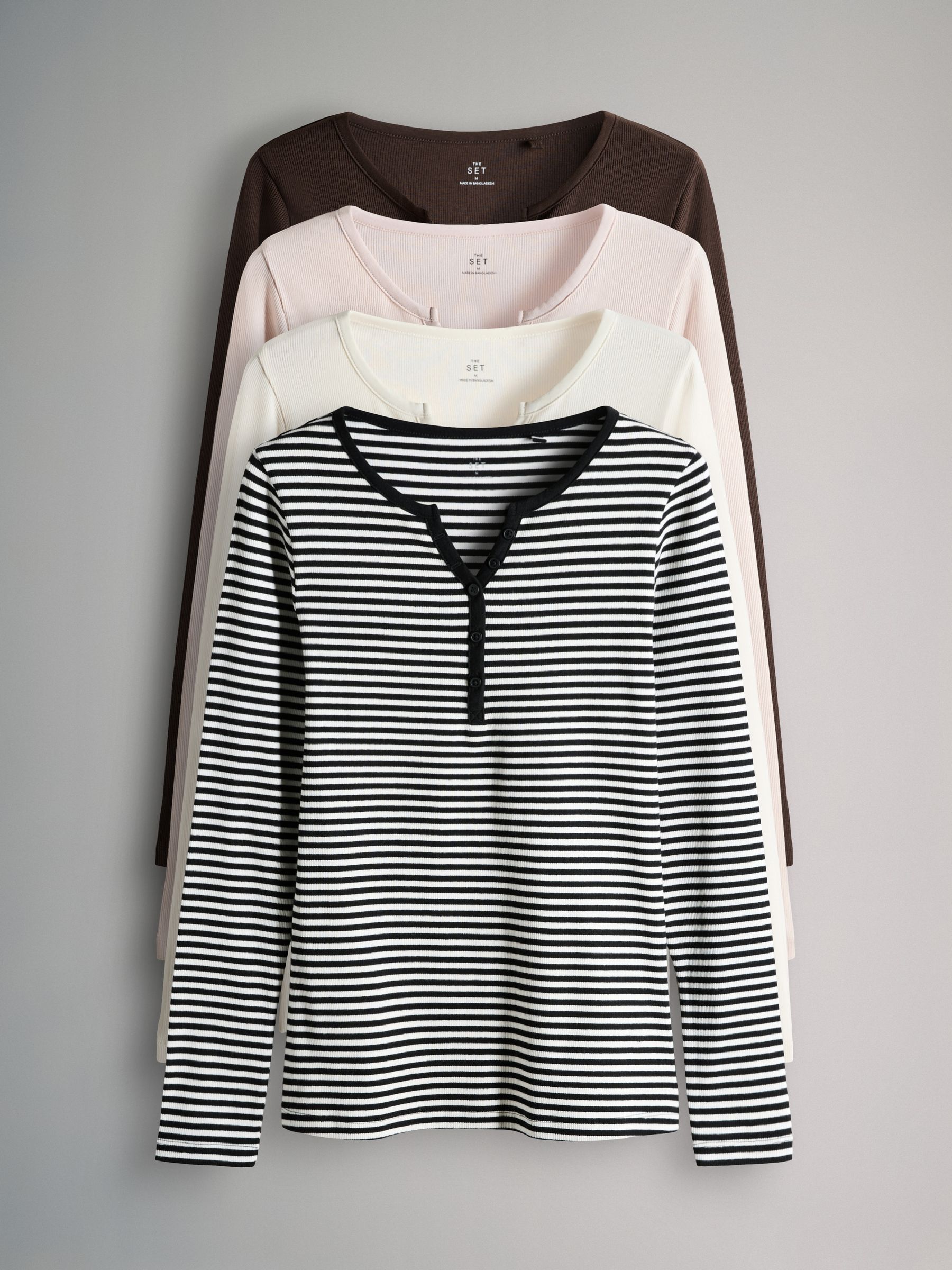 4 Pack Ribbed Henley Long Sleeve T-Shirts Berry/Stripe/Pink/White - Image 1 of 6