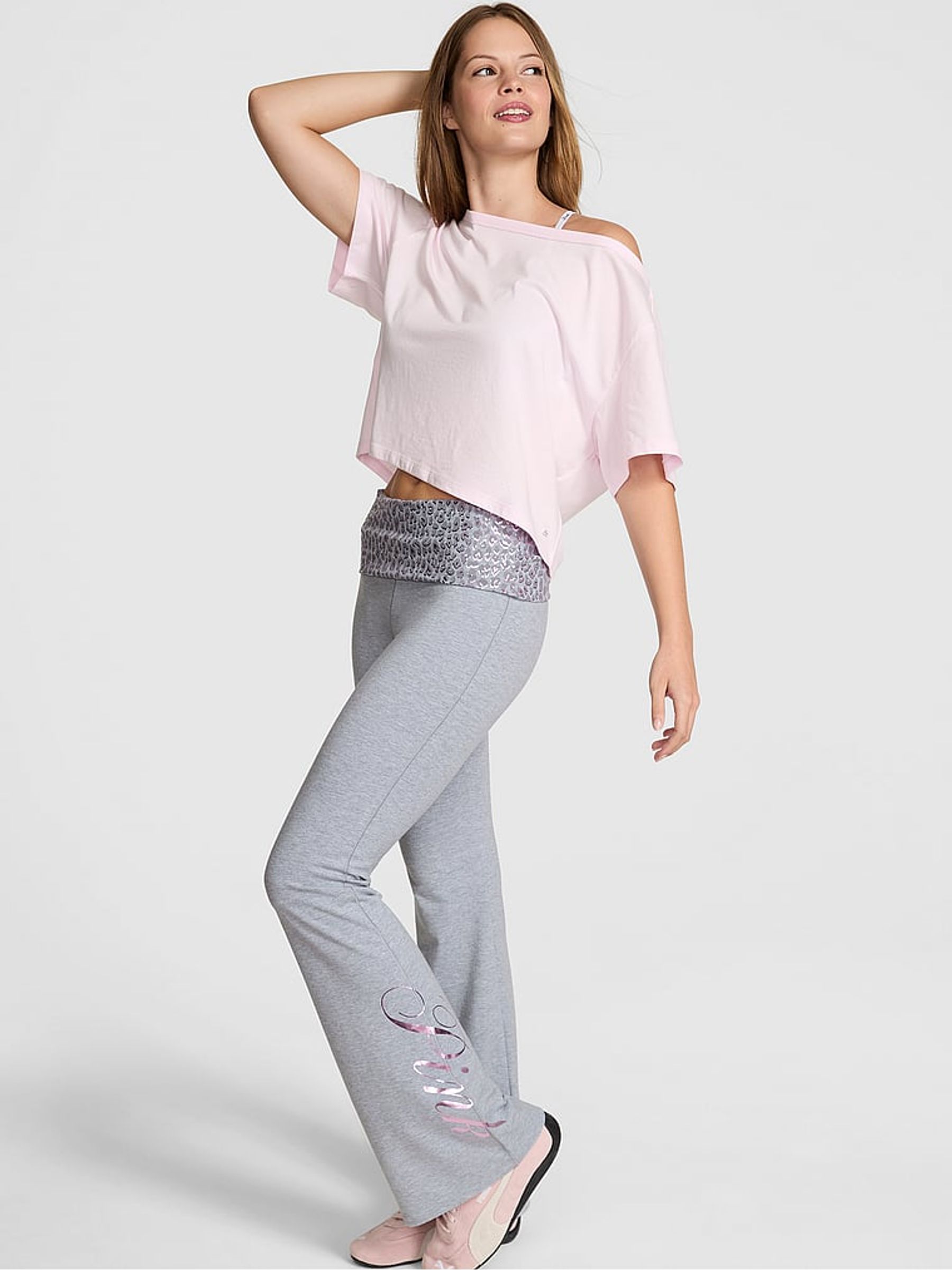 Grey Leopard Foldover Flares Leggings - Image 1 of 2
