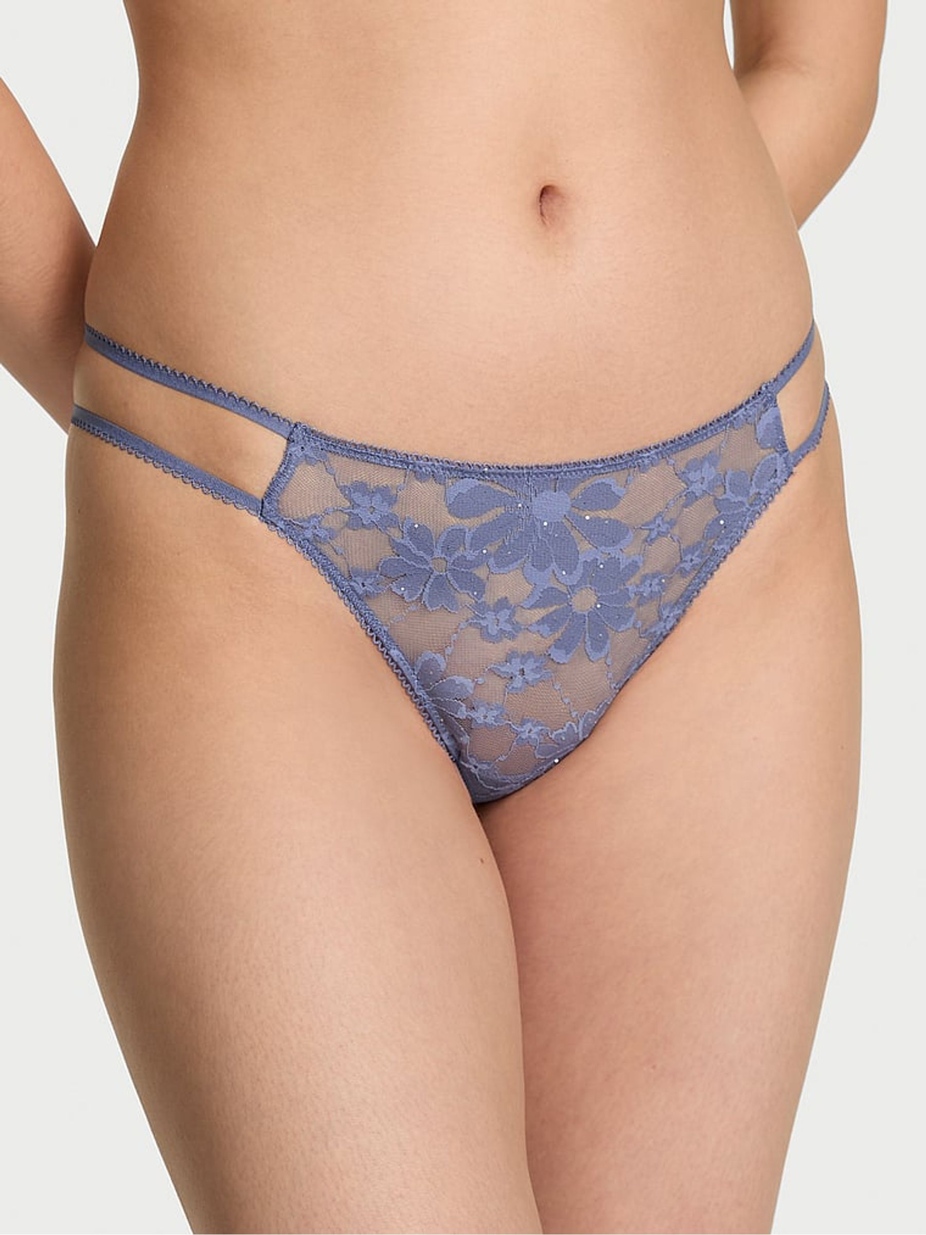 Dusty Iris Blue Thong Sequin Lace Knickers - Image 1 of 2