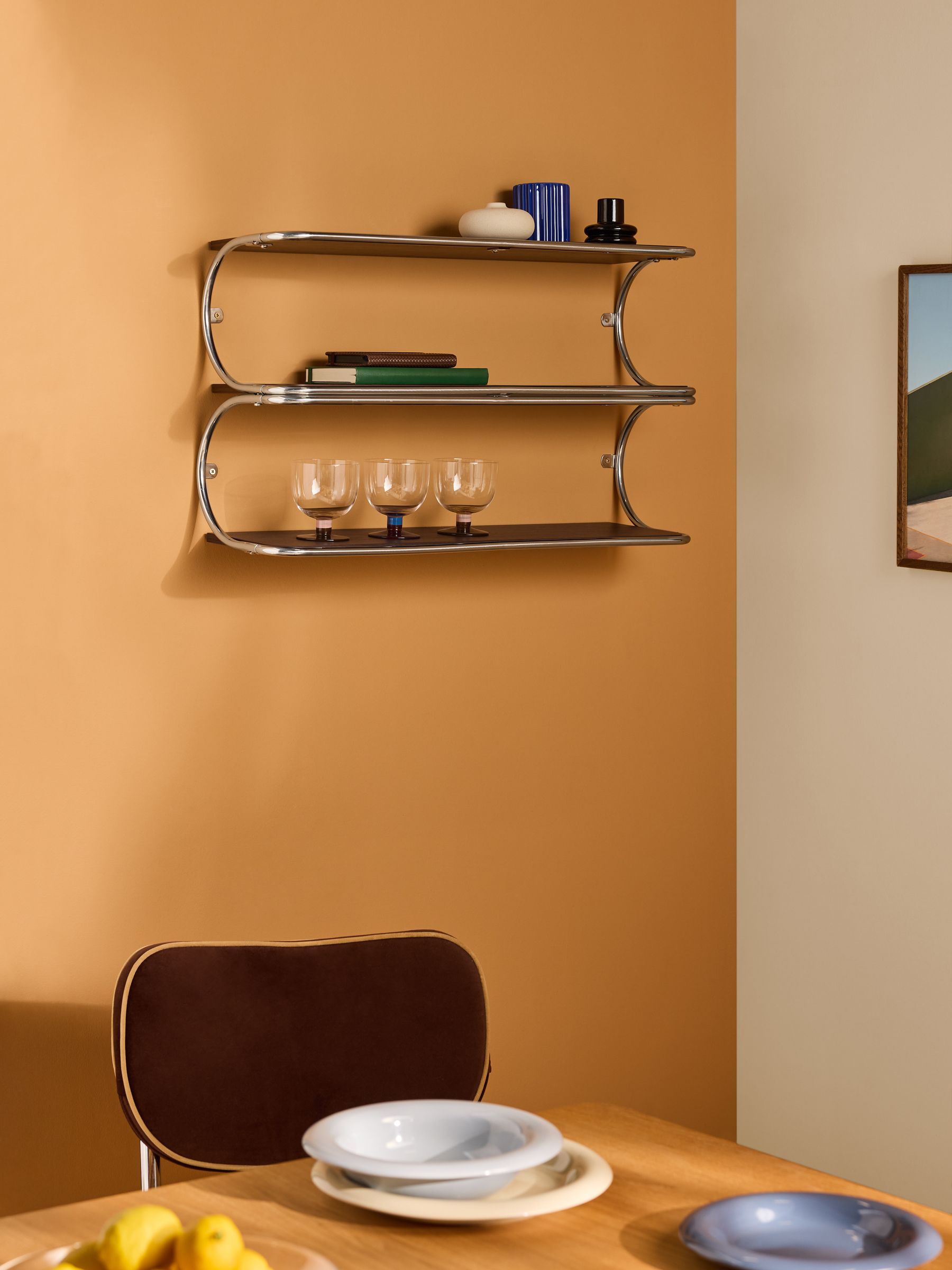 Piper Wall Shelf in Chrome and Dark Wood Effect - Image 1 of 5 Piper Wall Shelf in Chrome and Dark Wood Effect - Image 1 of 5