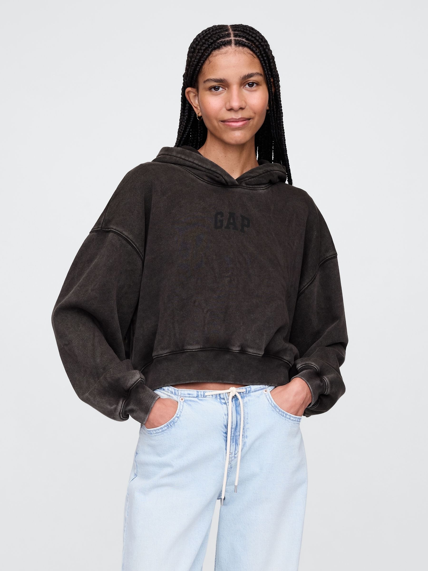 Black Vintage Soft Fleece-Lined Cropped Logo Hoodie - Image 1 of 5 Black Vintage Soft Fleece-Lined Cropped Logo Hoodie - Image 1 of 5