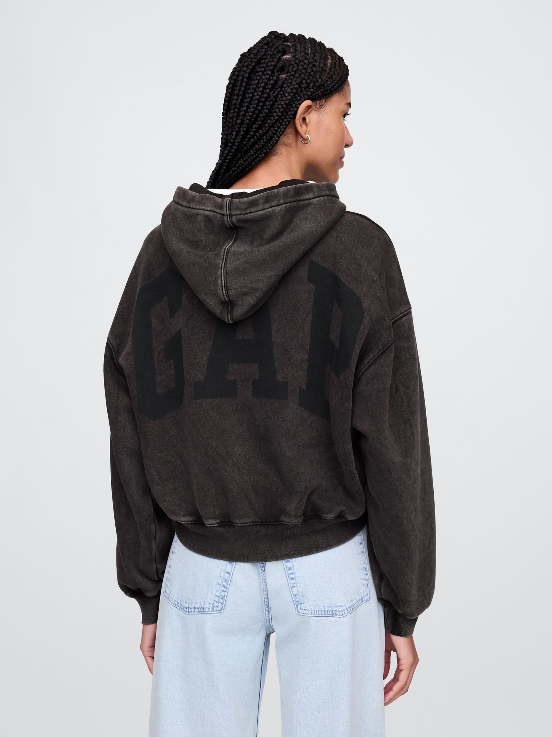 Black Vintage Soft Fleece-Lined Cropped Logo Hoodie - Image 2 of 5