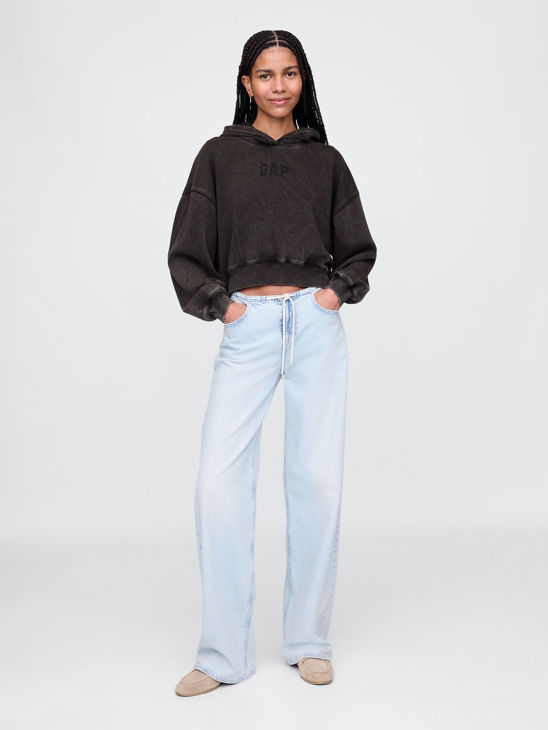 Black Vintage Soft Fleece-Lined Cropped Logo Hoodie - Image 3 of 5