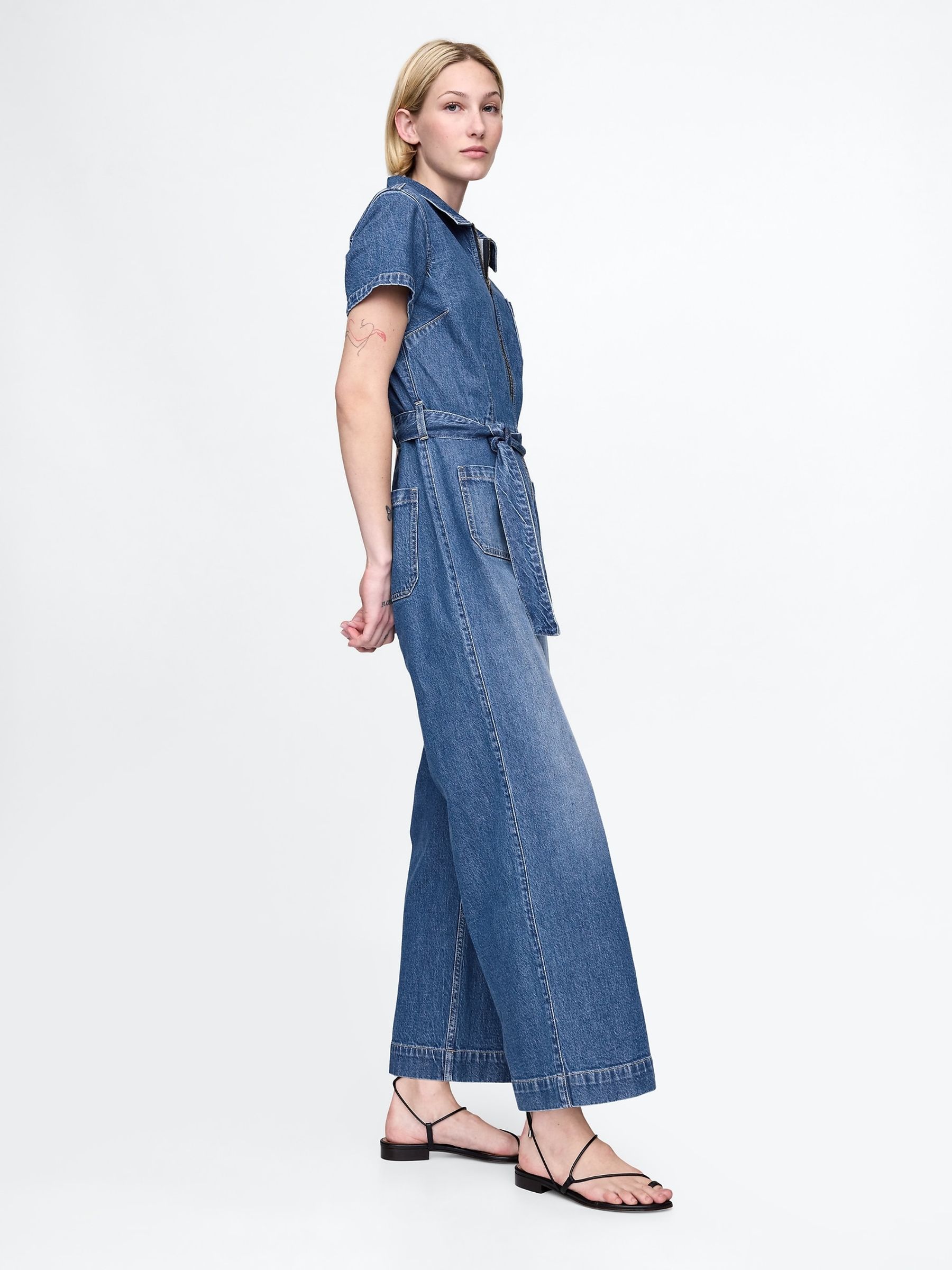 Blue Belted Denim Jumpsuit - Image 3 of 5