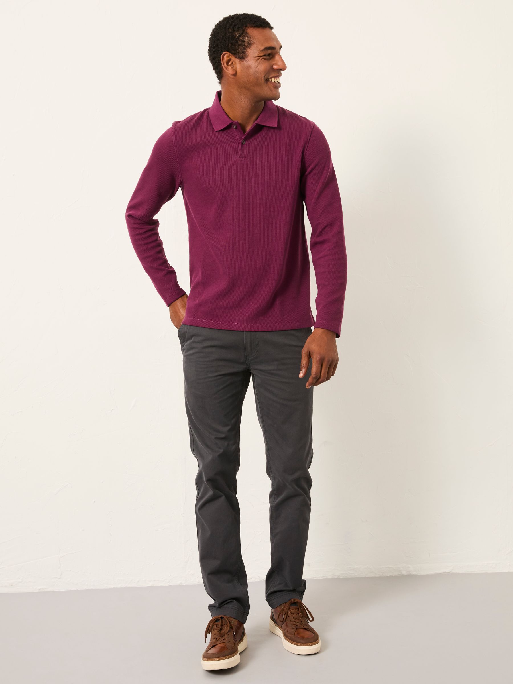 Ayr Plum Purple Long Sleeve Ribbed Polo Shirt | FatFace USA