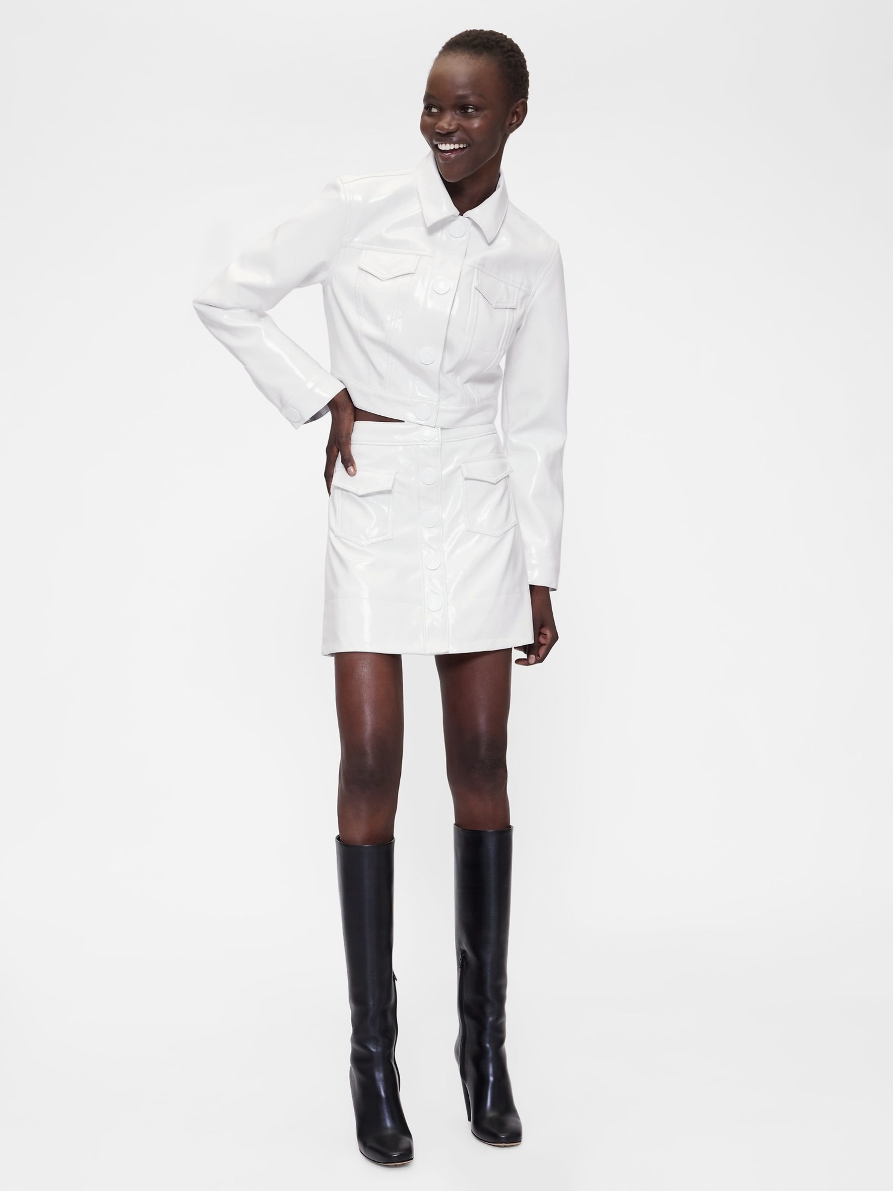 White Cropped Patent Leather Jacket - Image 3 of 5