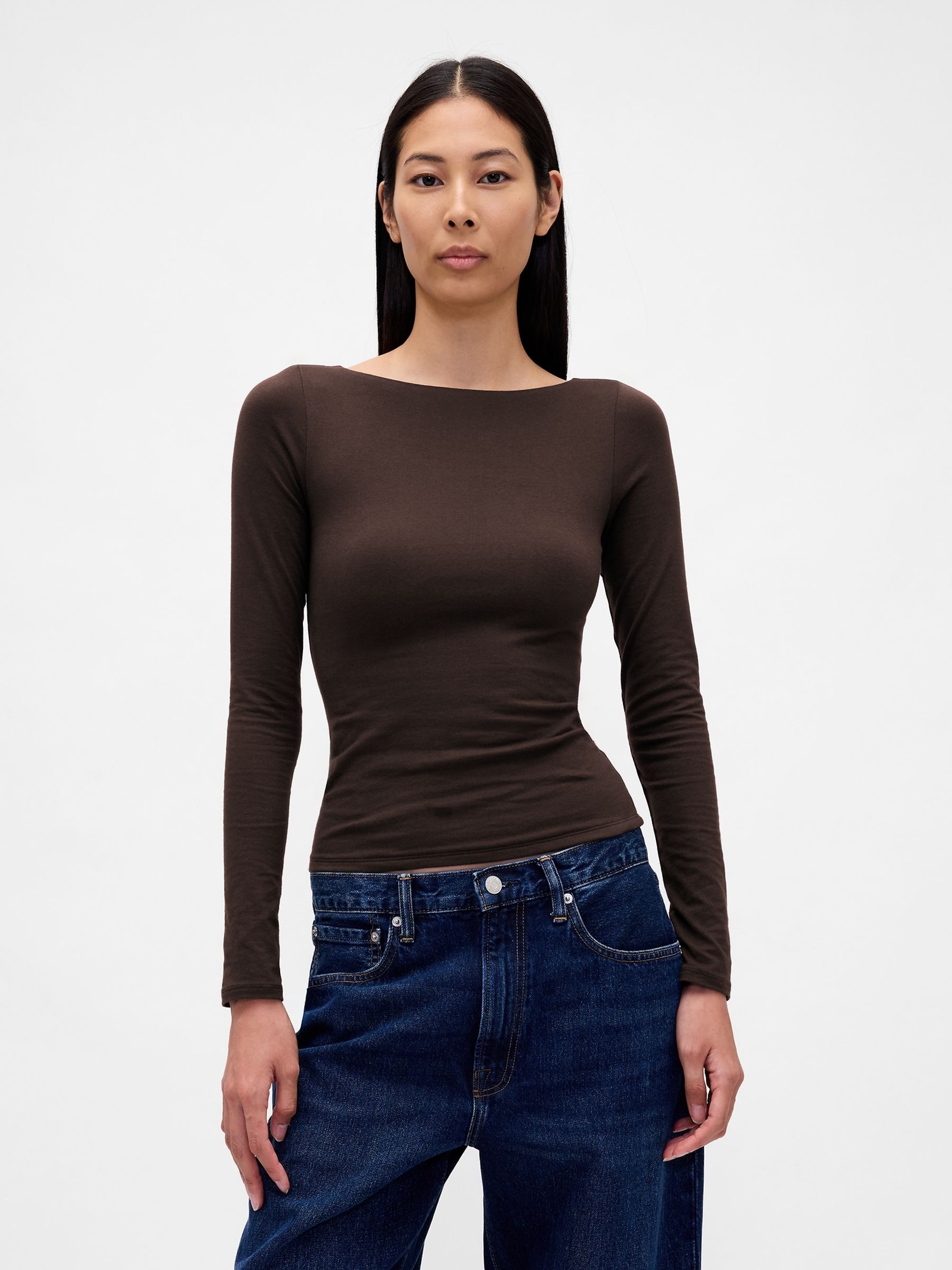 Brown CloseKnit Jersey Boatneck Open-Back T-Shirt - Image 1 of 4