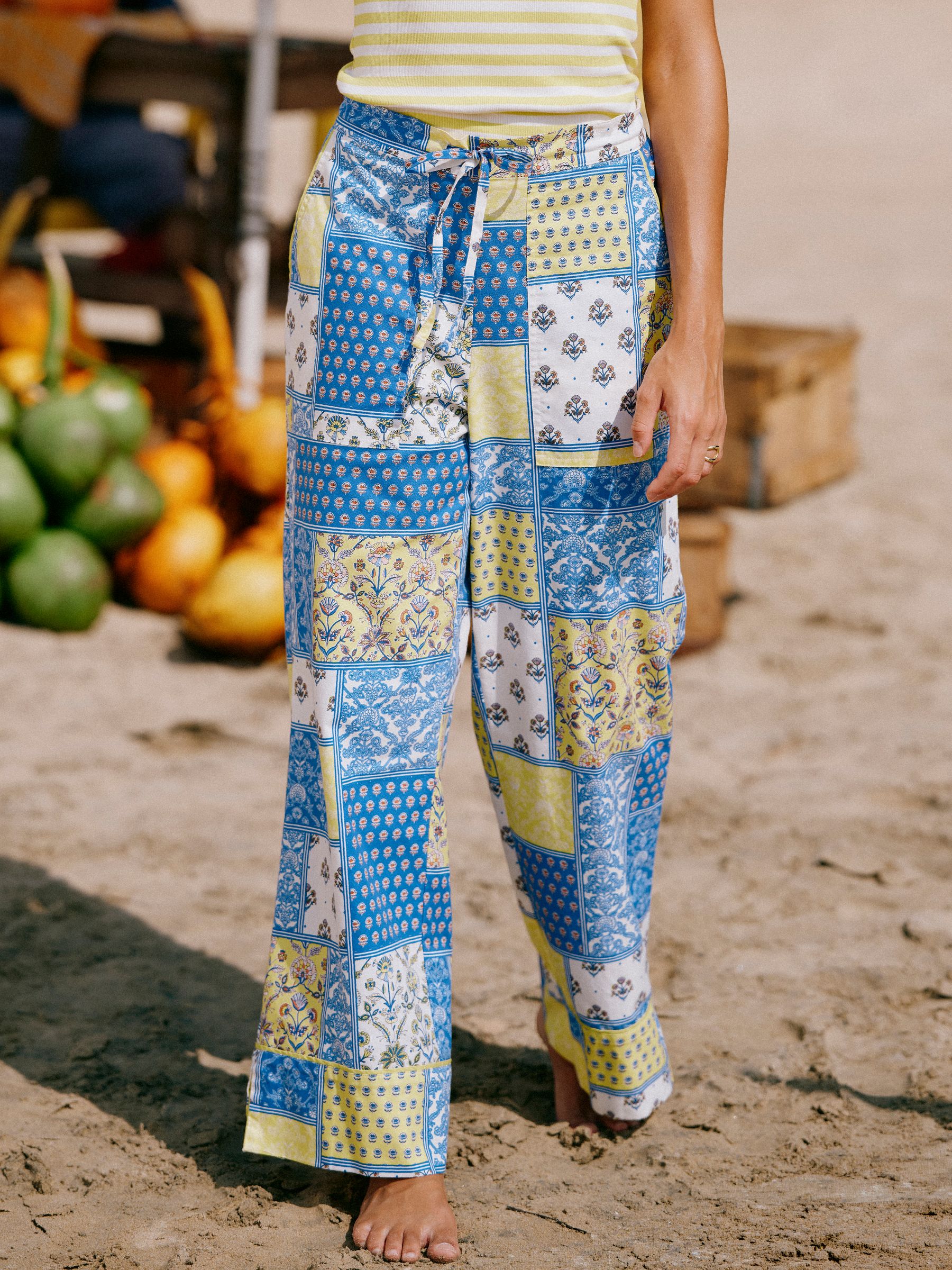 Bella Blue Yellow Hotchpotch Pull On Cotton Trousers - Image 1 of 11