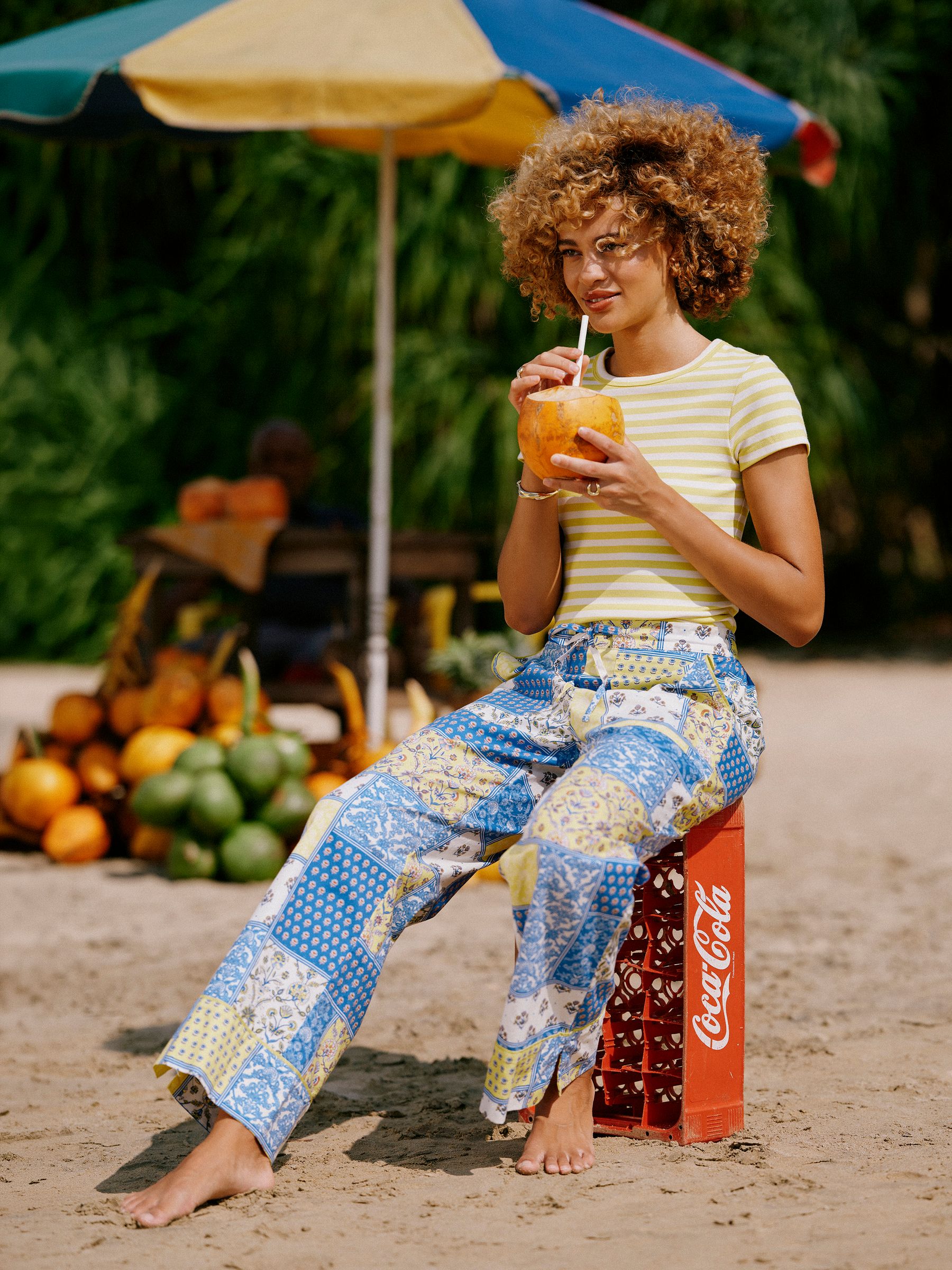 Bella Blue Yellow Hotchpotch Pull On Cotton Trousers - Image 3 of 11