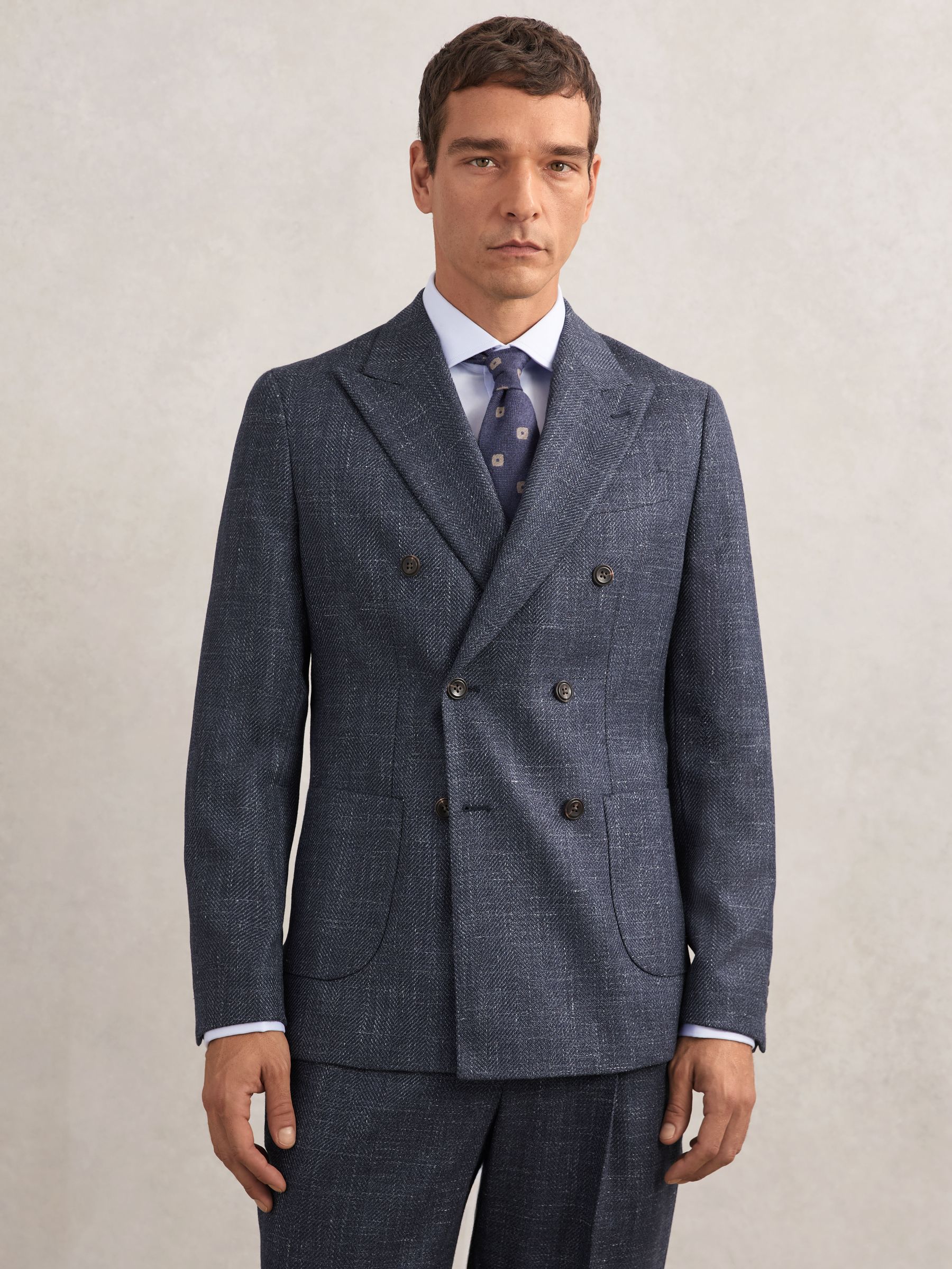 Double-Breasted Herringbone Blazer Tailored-Fit Wool-Blend in Navy - image 2