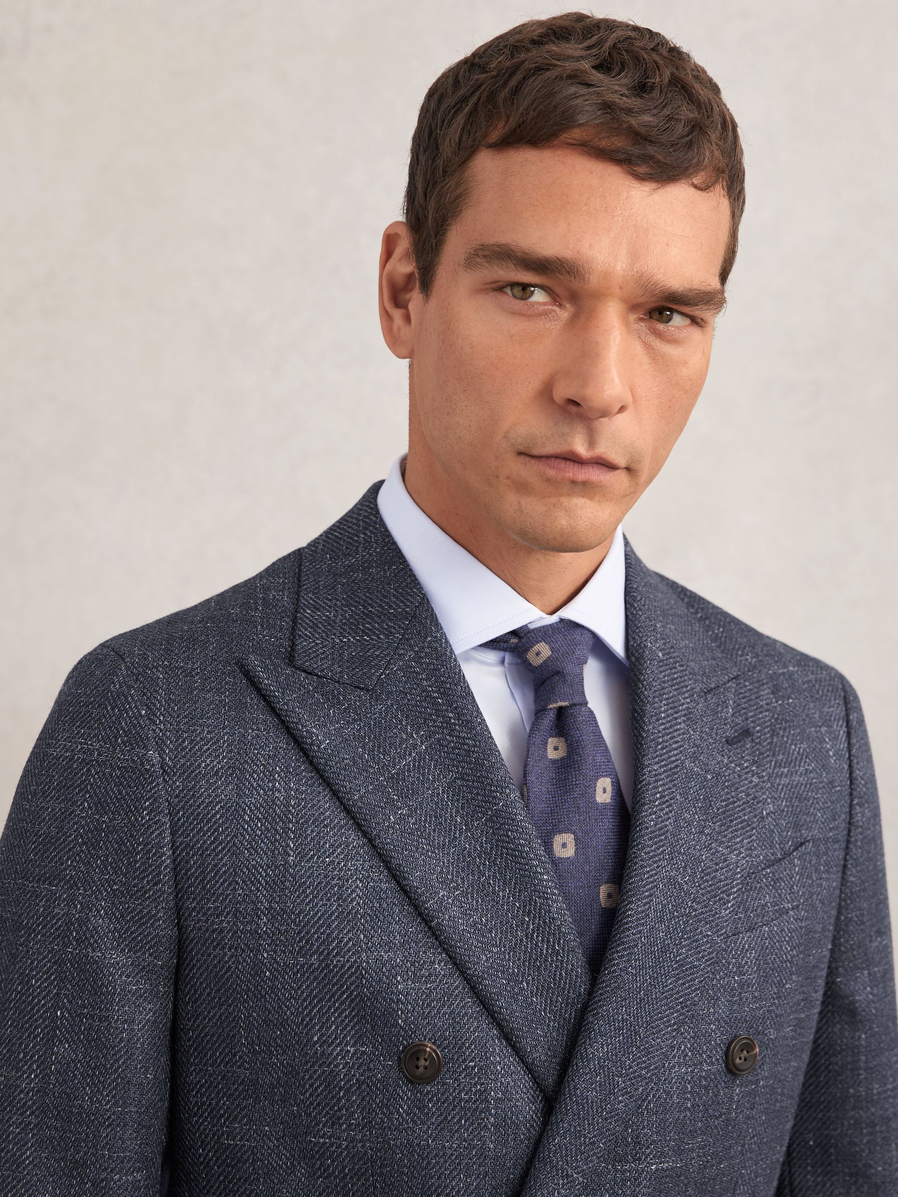 Double-Breasted Herringbone Blazer Tailored-Fit Wool-Blend in Navy - image 5