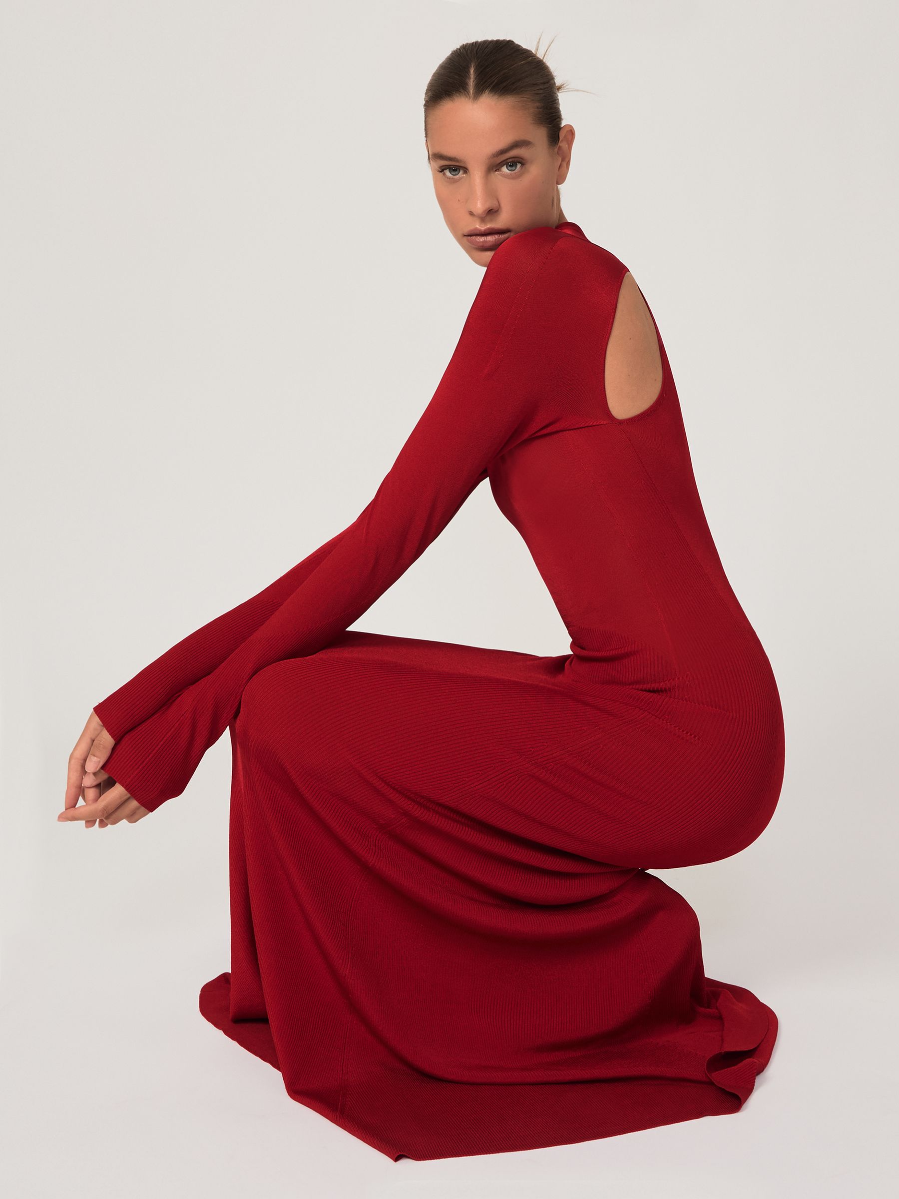 Cut-Out Knitted Maxi Dress in Red - Image 3 of 7