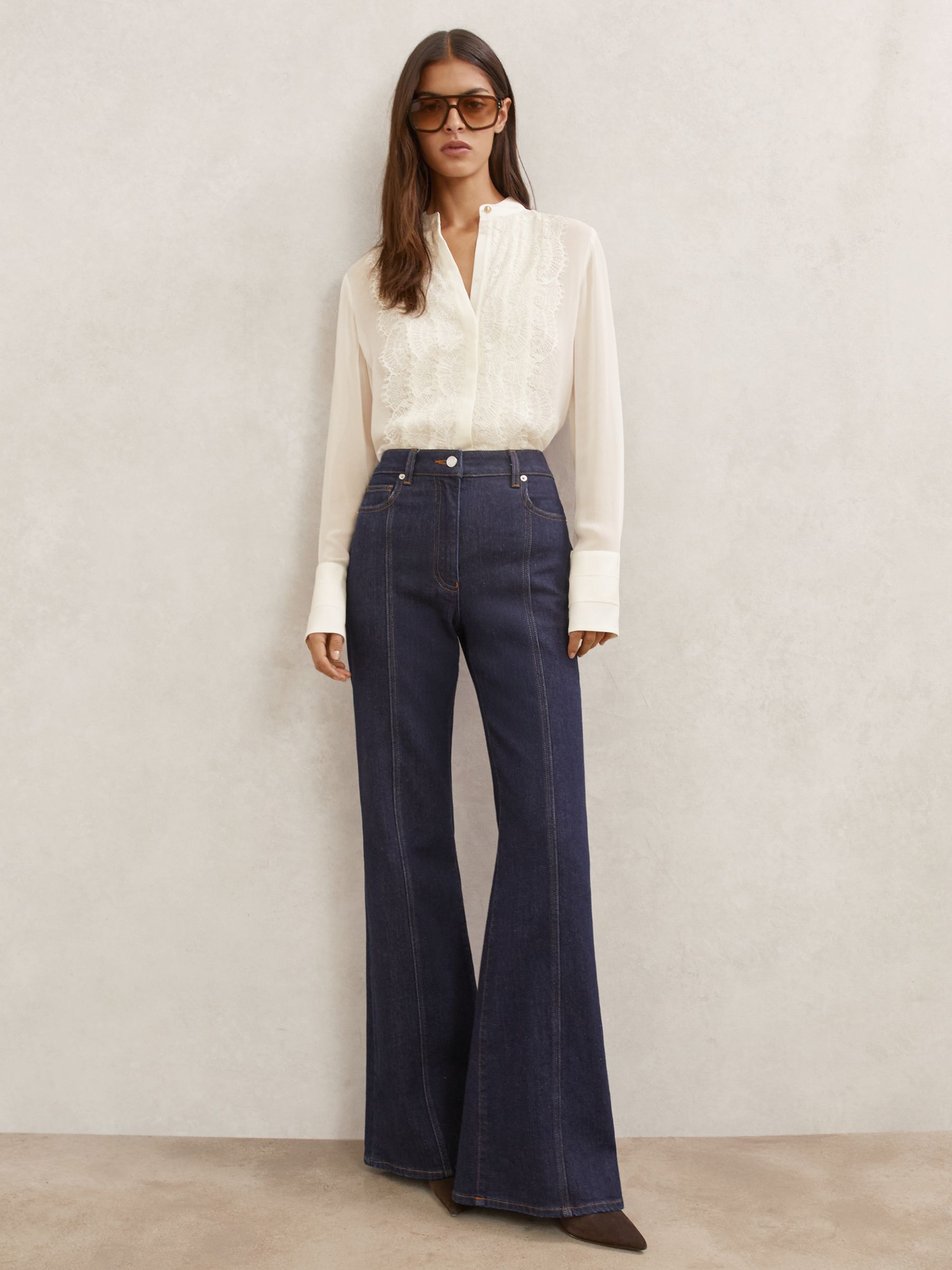 Lace-Trim Sheer Button-Through Blouse in Cream - image 5