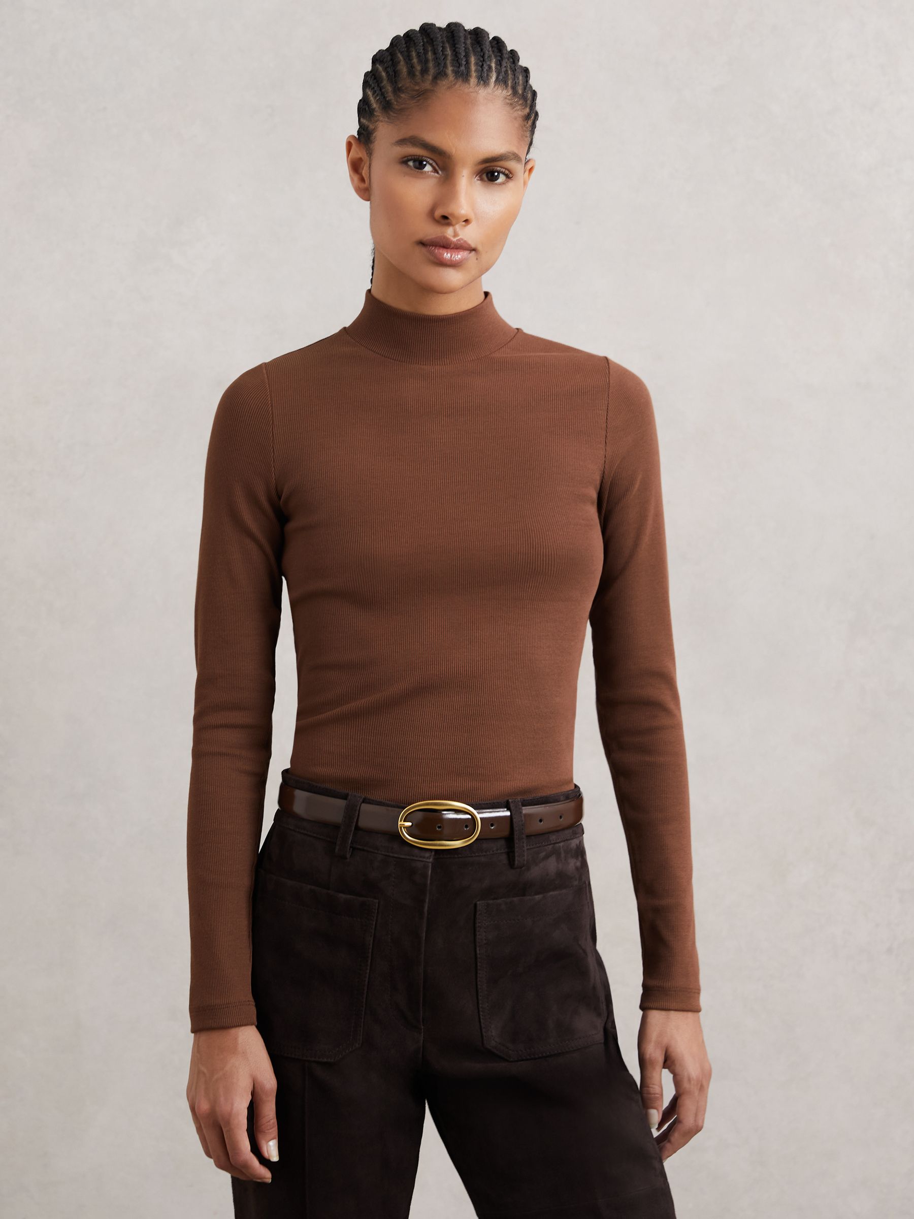 Stretch-Cotton Funnel-Neck Top in Brown - Image 1 of 6