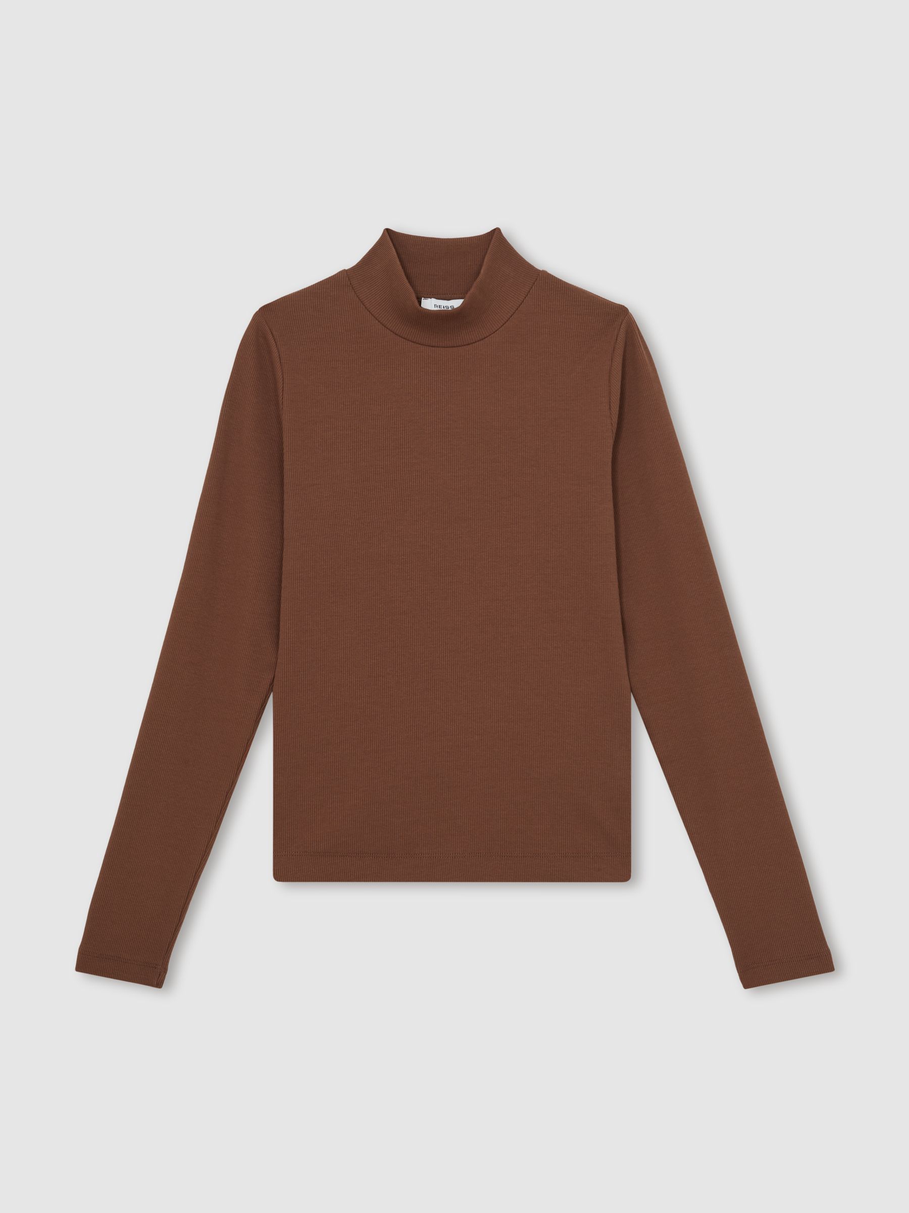 Stretch-Cotton Funnel-Neck Top in Brown - Image 2 of 6