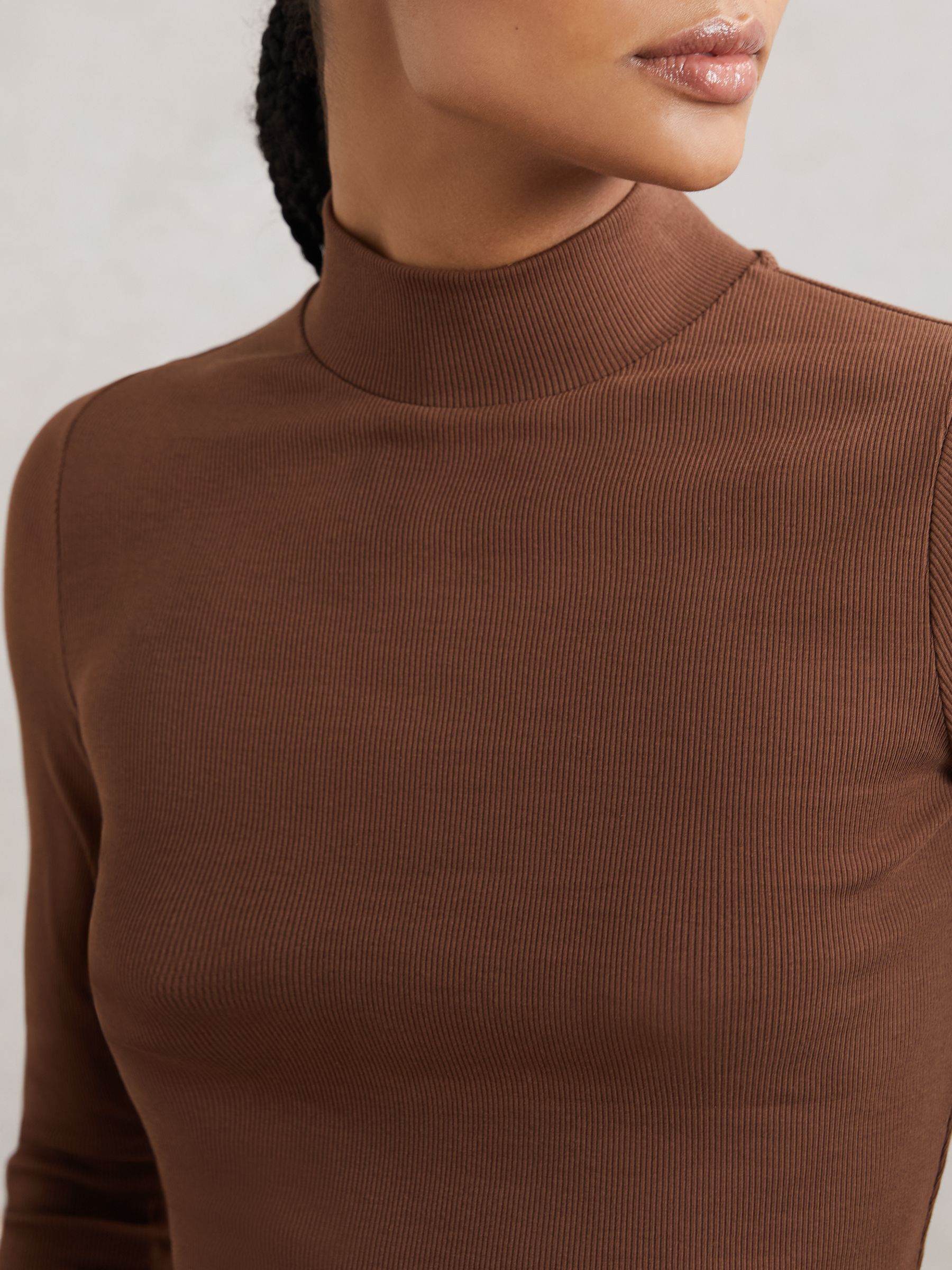 Stretch-Cotton Funnel-Neck Top in Brown - Image 3 of 6