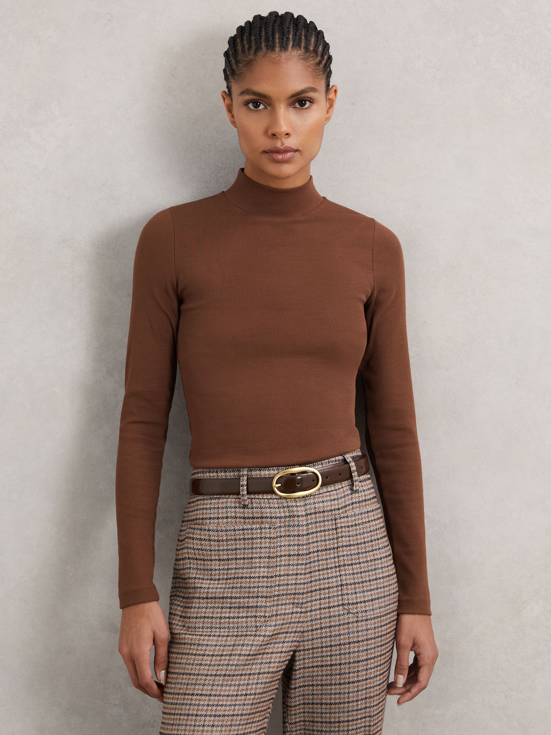Stretch-Cotton Funnel-Neck Top in Brown - Image 4 of 6