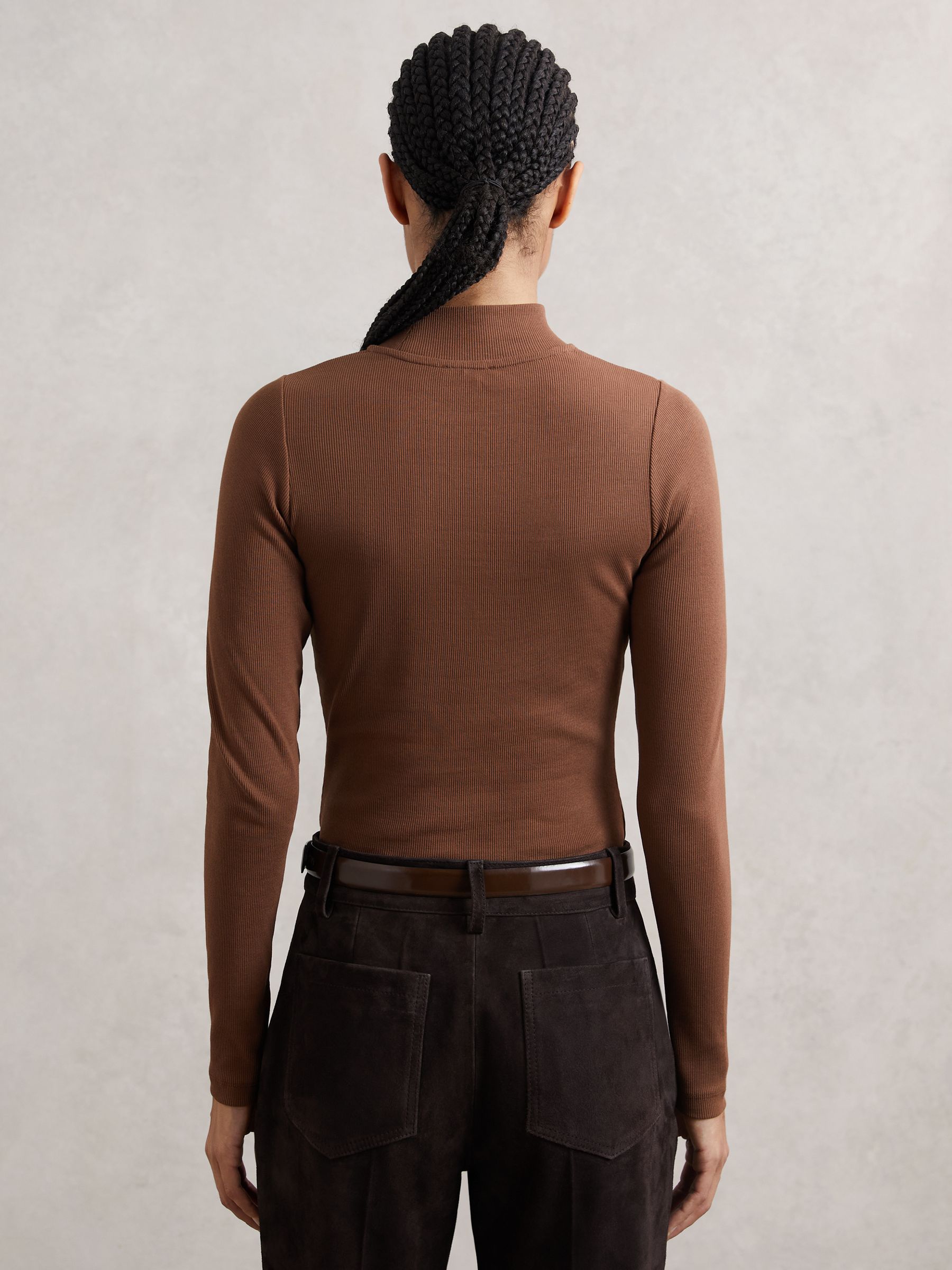 Stretch-Cotton Funnel-Neck Top in Brown - Image 5 of 6