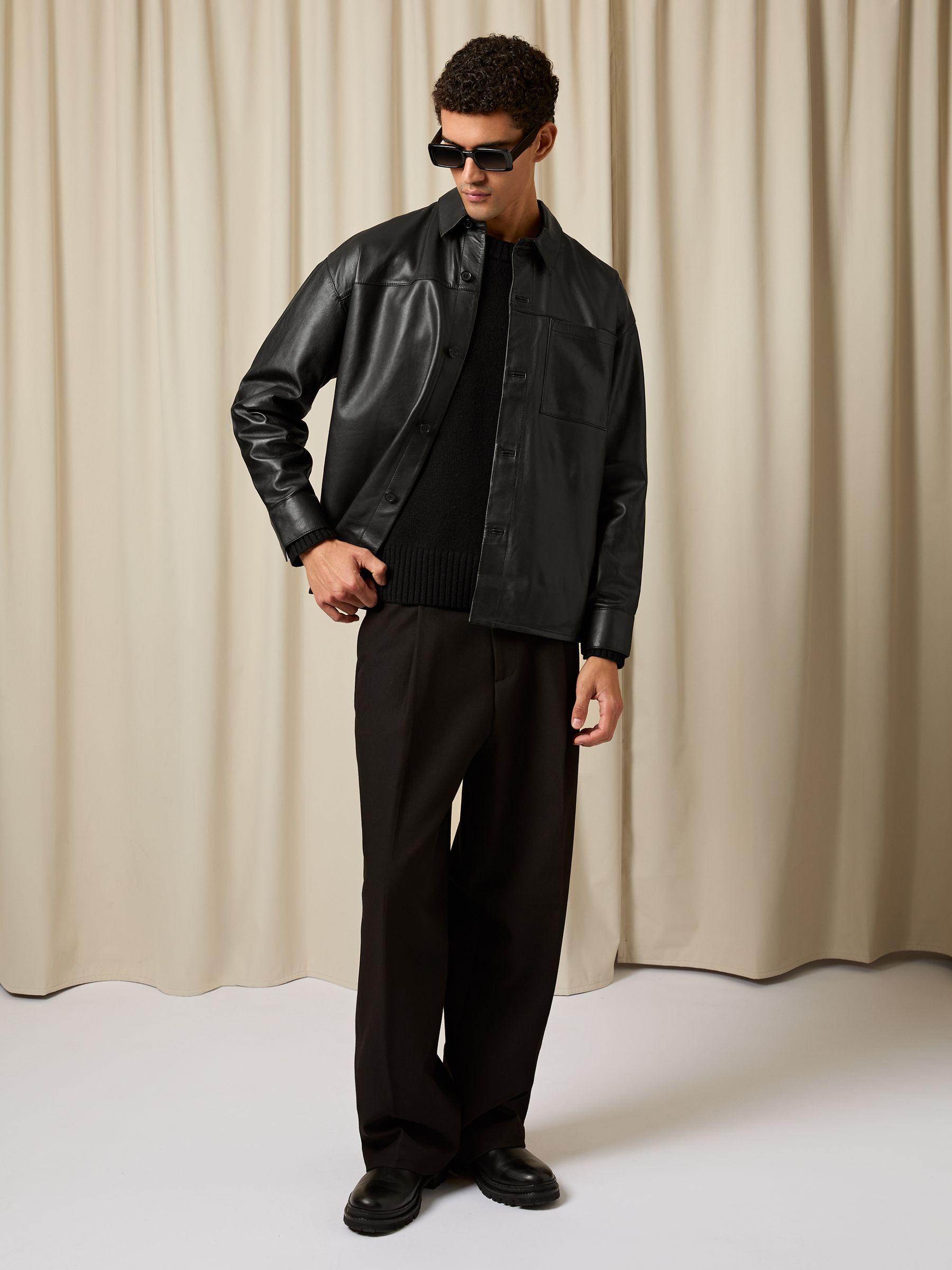 Monogram Embossed Leather Jacket Relaxed-Fit in Black - Image 4 of 6