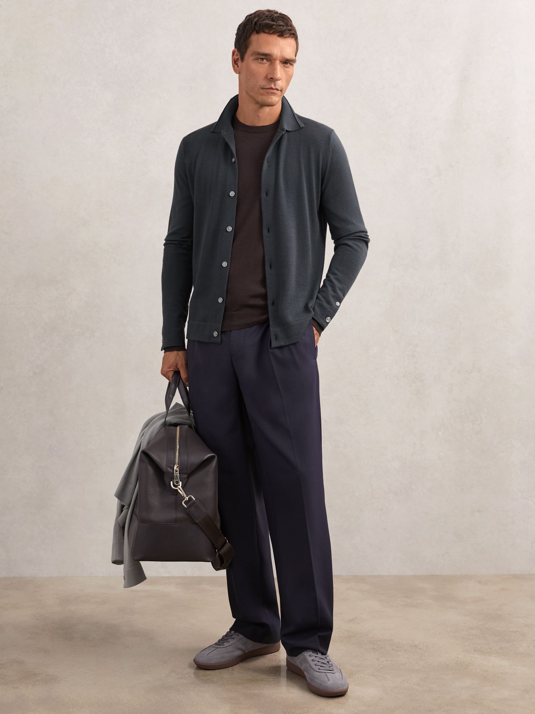 Cardigan boutonné en laine mérinos vert bouteille - Image 3 de 7