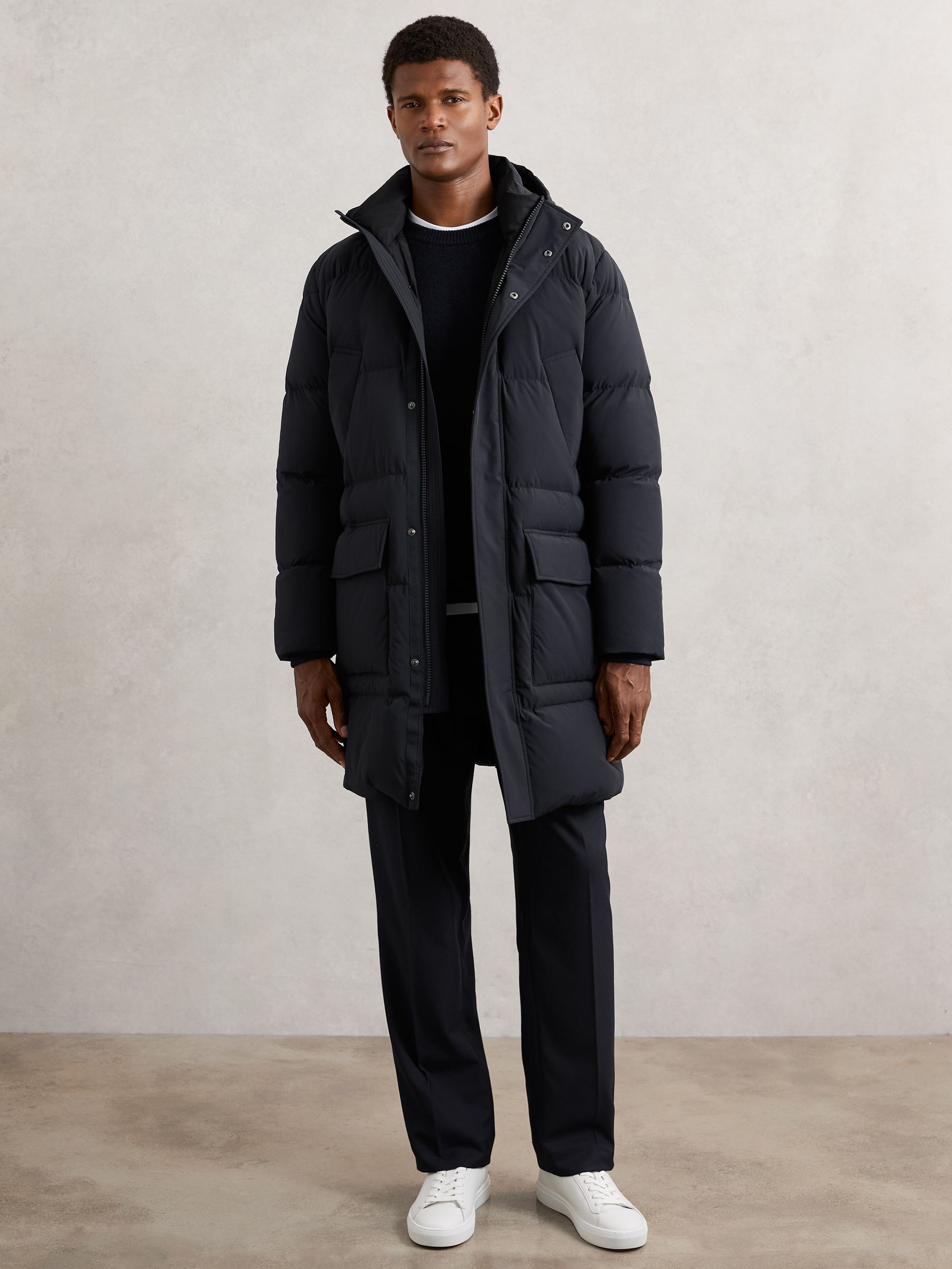 Longline Quilted Puffer Jacket in Navy - Image 1 of 6