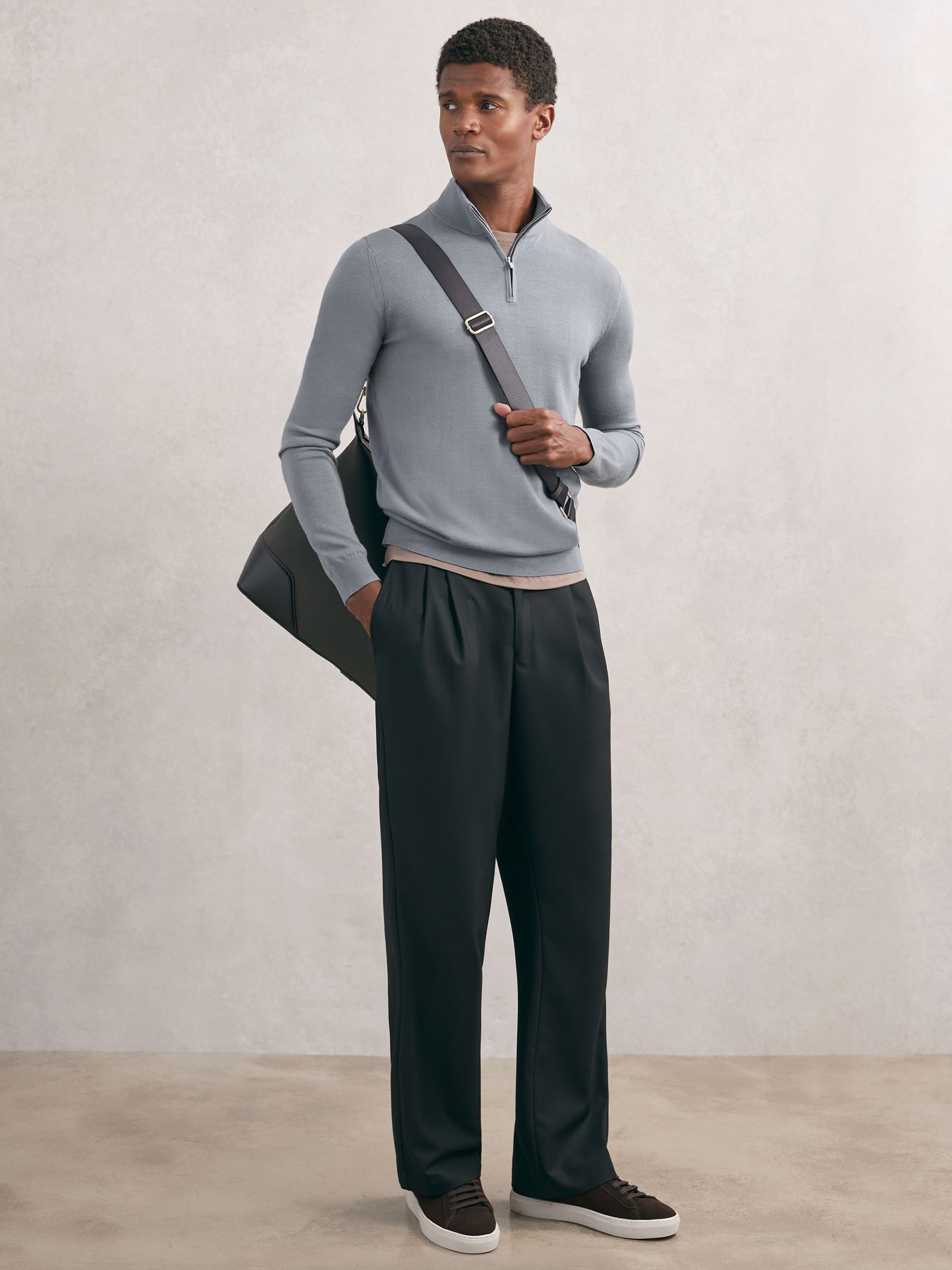 Pull demi-zip en laine mérinos bleu acier - Image 3 de 6