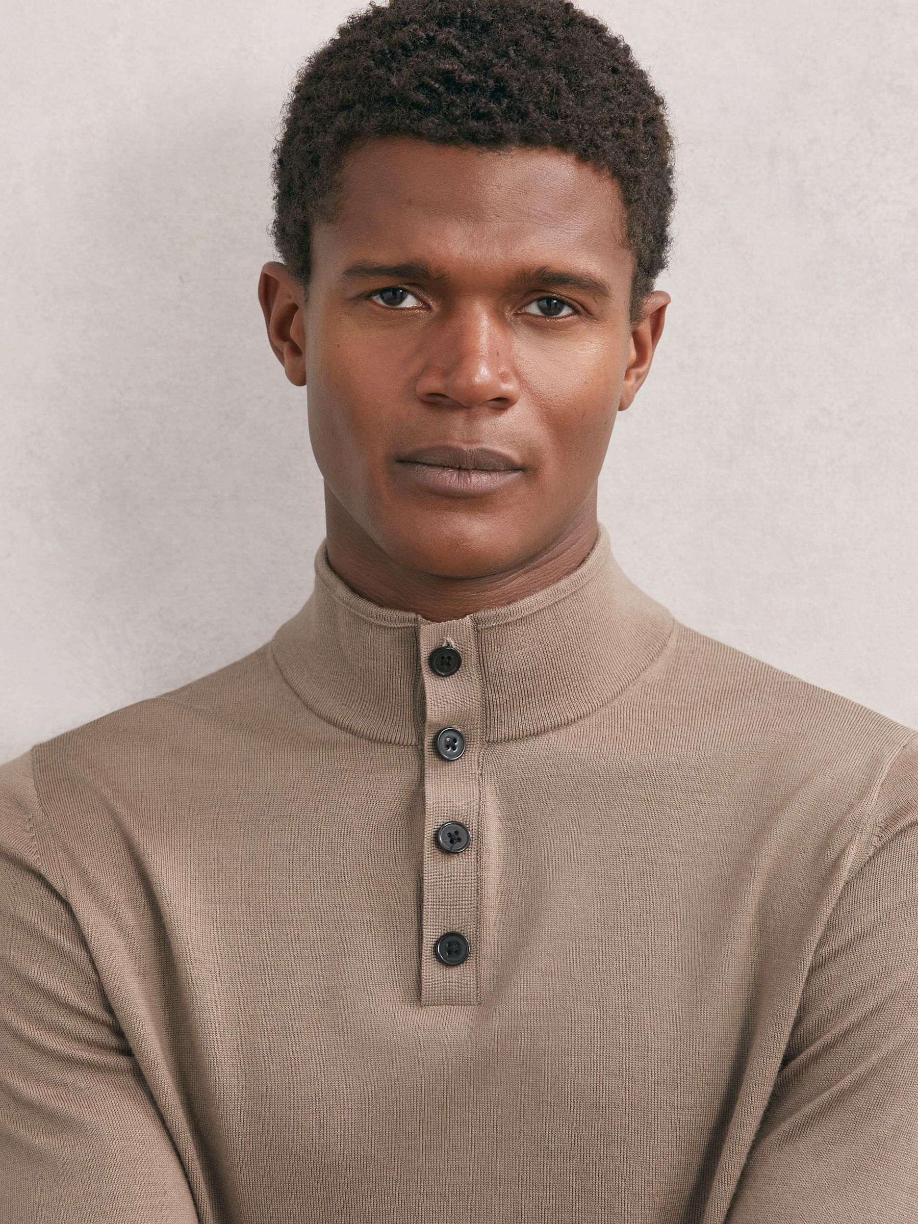 Wool Half-Button Funnel Jumper in Camel Brown - image 5