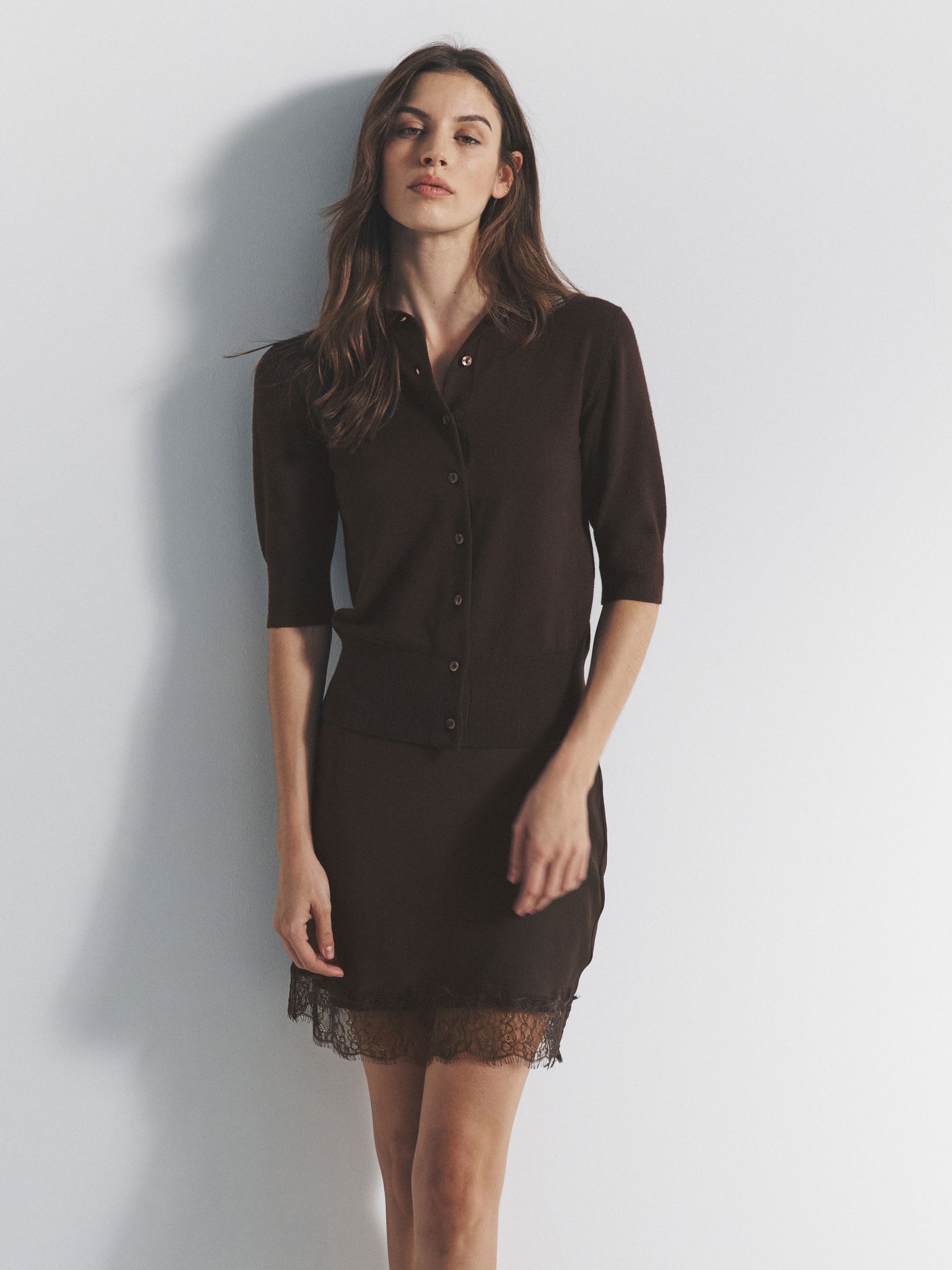 3 Pack Short Sleeve Fine Knit Button Collared Cardigans Chocolate Brown/Neutral Taupe/Cream - Image 1 of 6