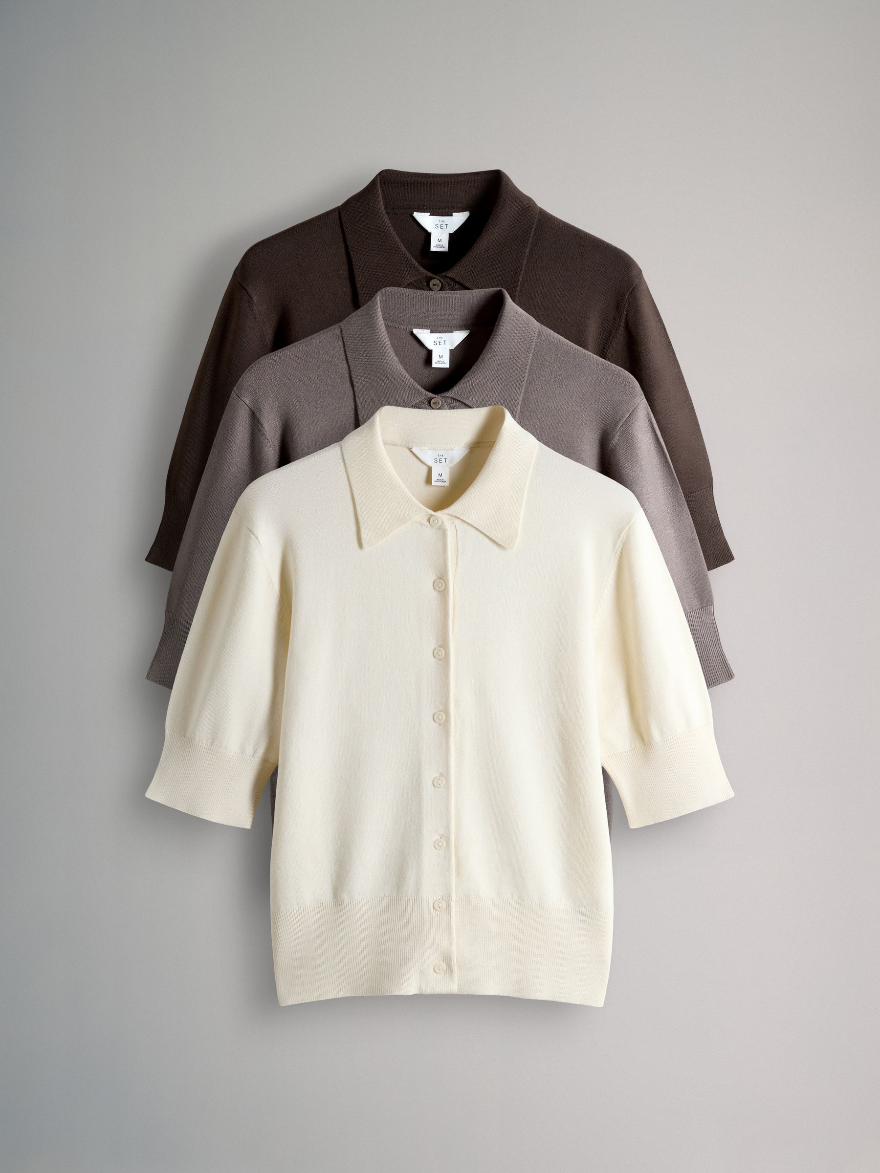 3 Pack Short Sleeve Fine Knit Button Collared Cardigans Chocolate Brown/Neutral Taupe/Cream - Image 2 of 6