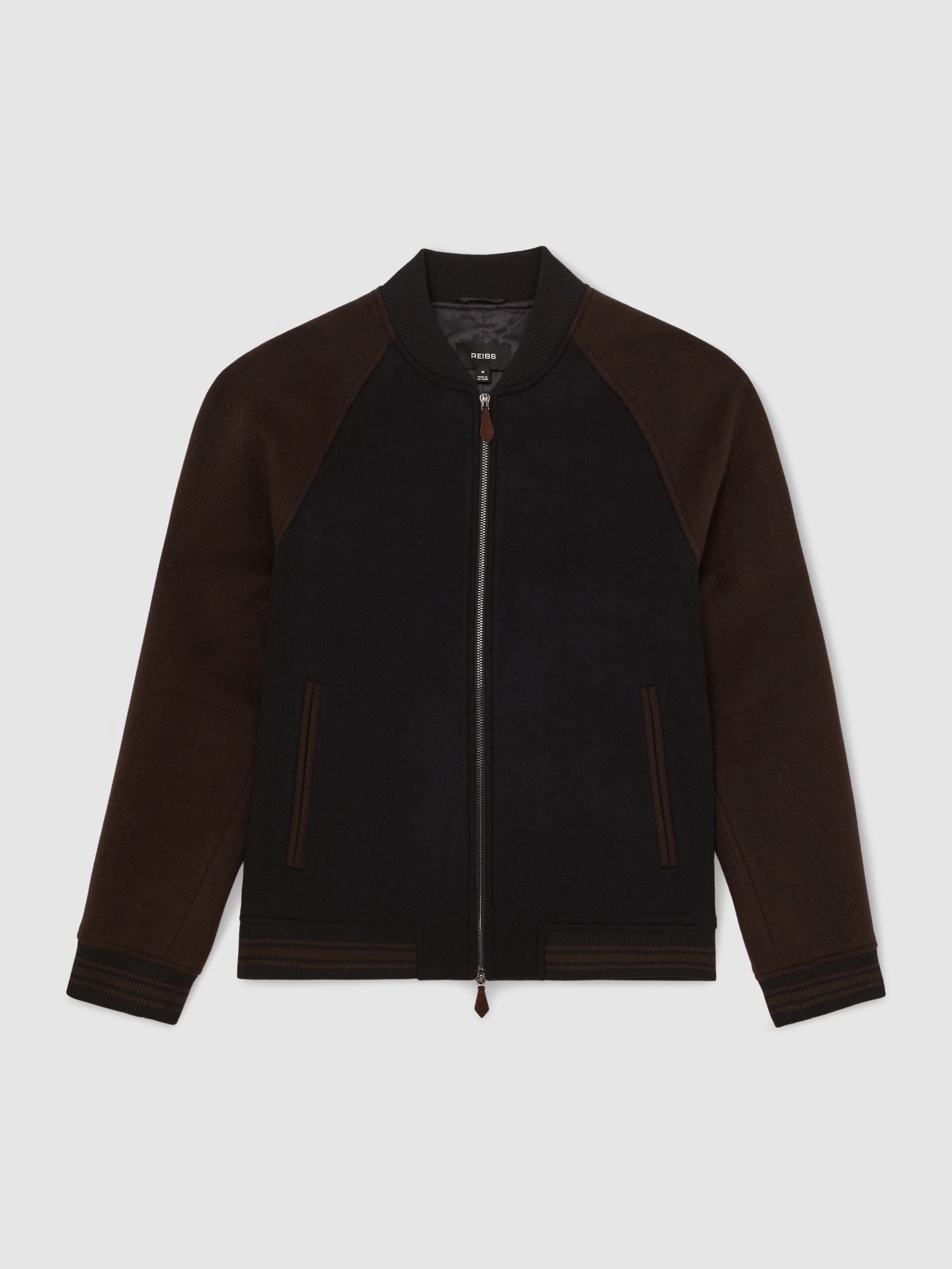 Wool-Blend Colour-Block Bomber Jacket in Navy/Brown - Image 2 of 6