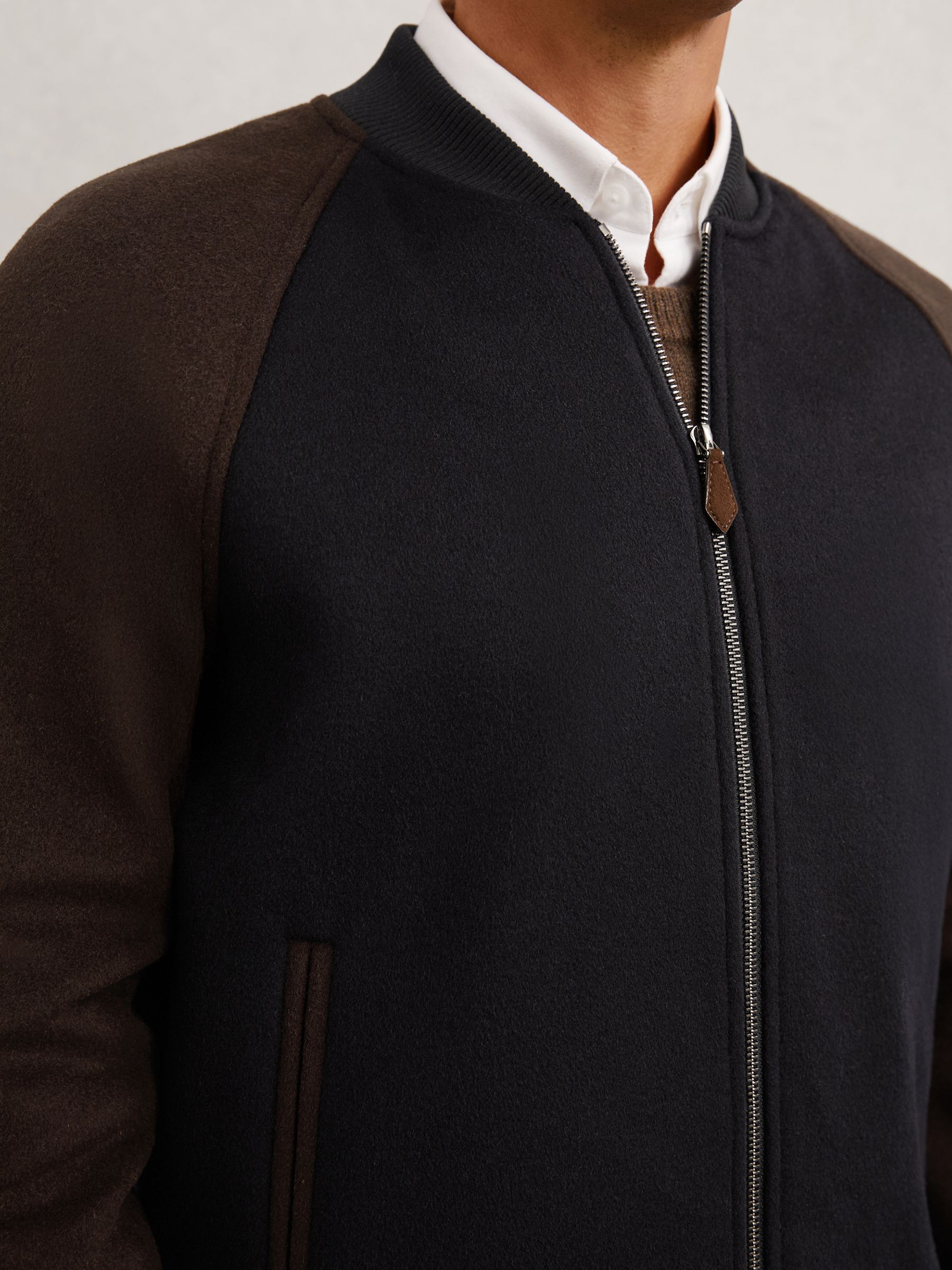 Wool-Blend Colour-Block Bomber Jacket in Navy/Brown - image 3