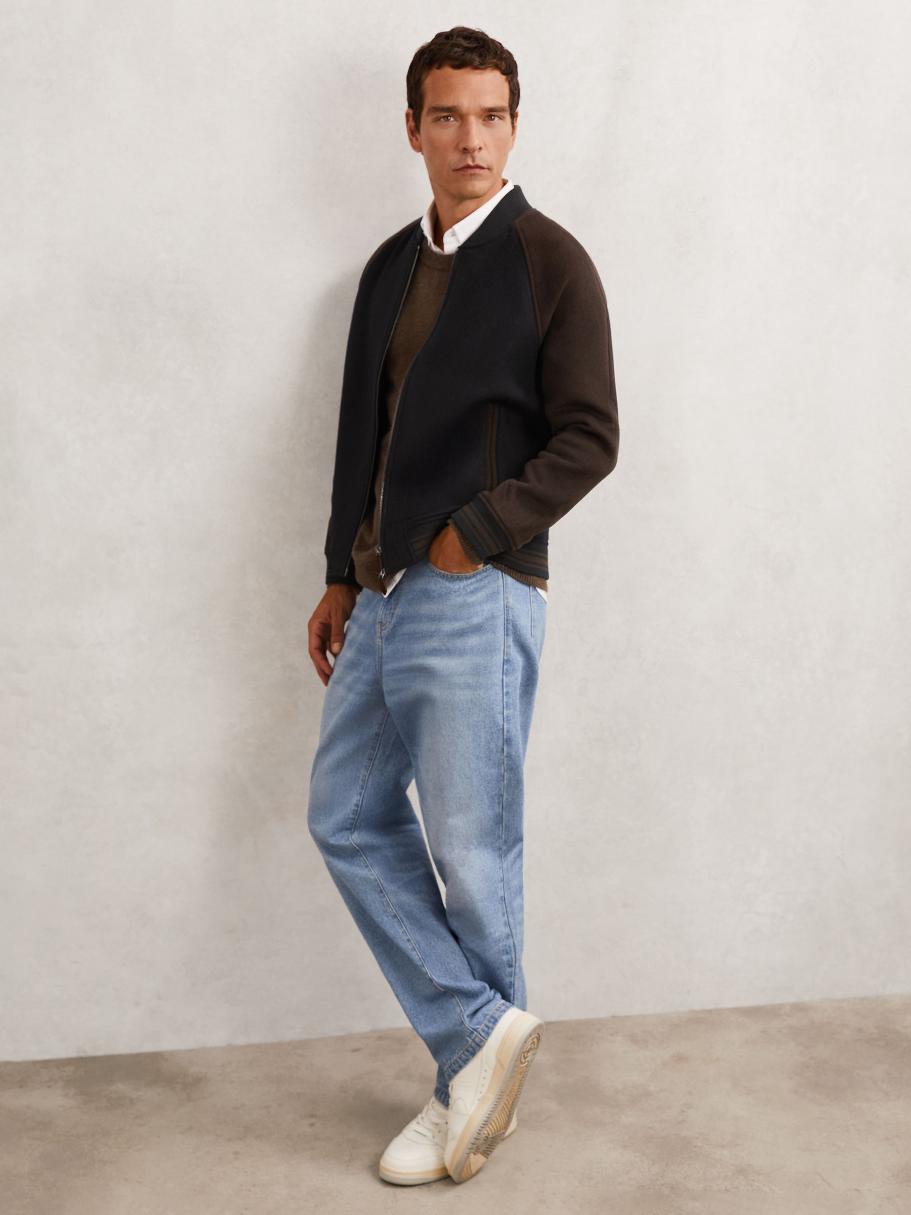 Wool-Blend Colour-Block Bomber Jacket in Navy/Brown - Image 4 of 6