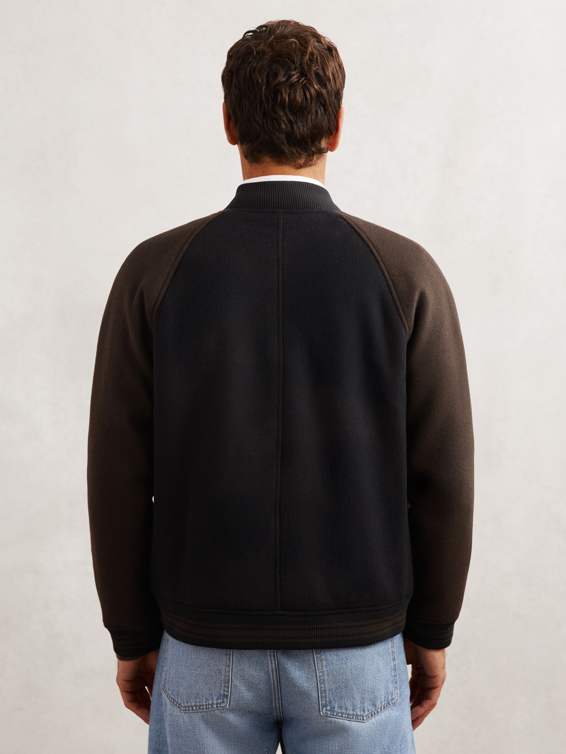 Wool-Blend Colour-Block Bomber Jacket in Navy/Brown - Image 5 of 6