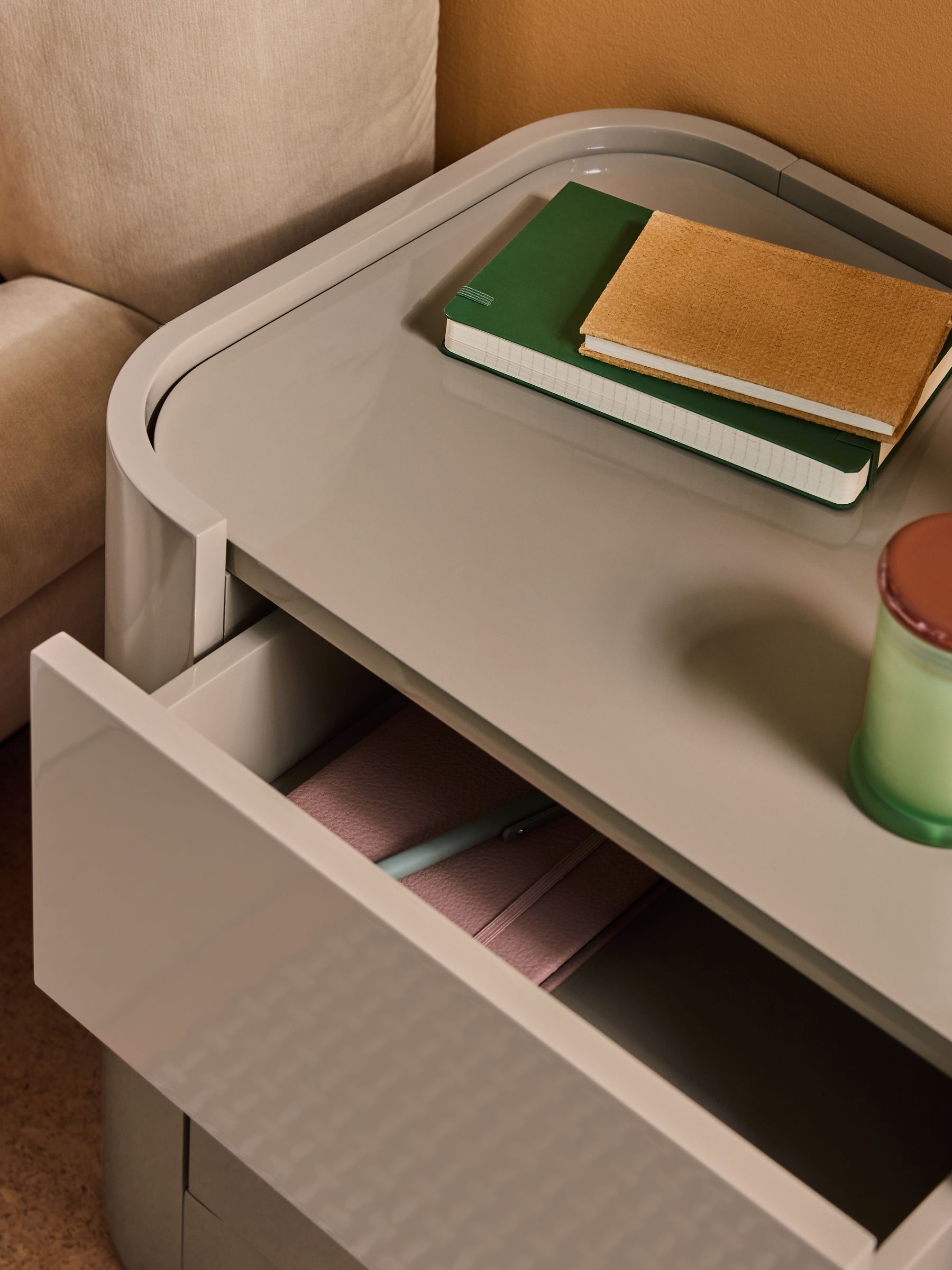 Kain Bedside Table in Mushroom Grey Gloss - Image 2 of 5 Kain Bedside Table in Mushroom Grey Gloss - Image 2 of 5