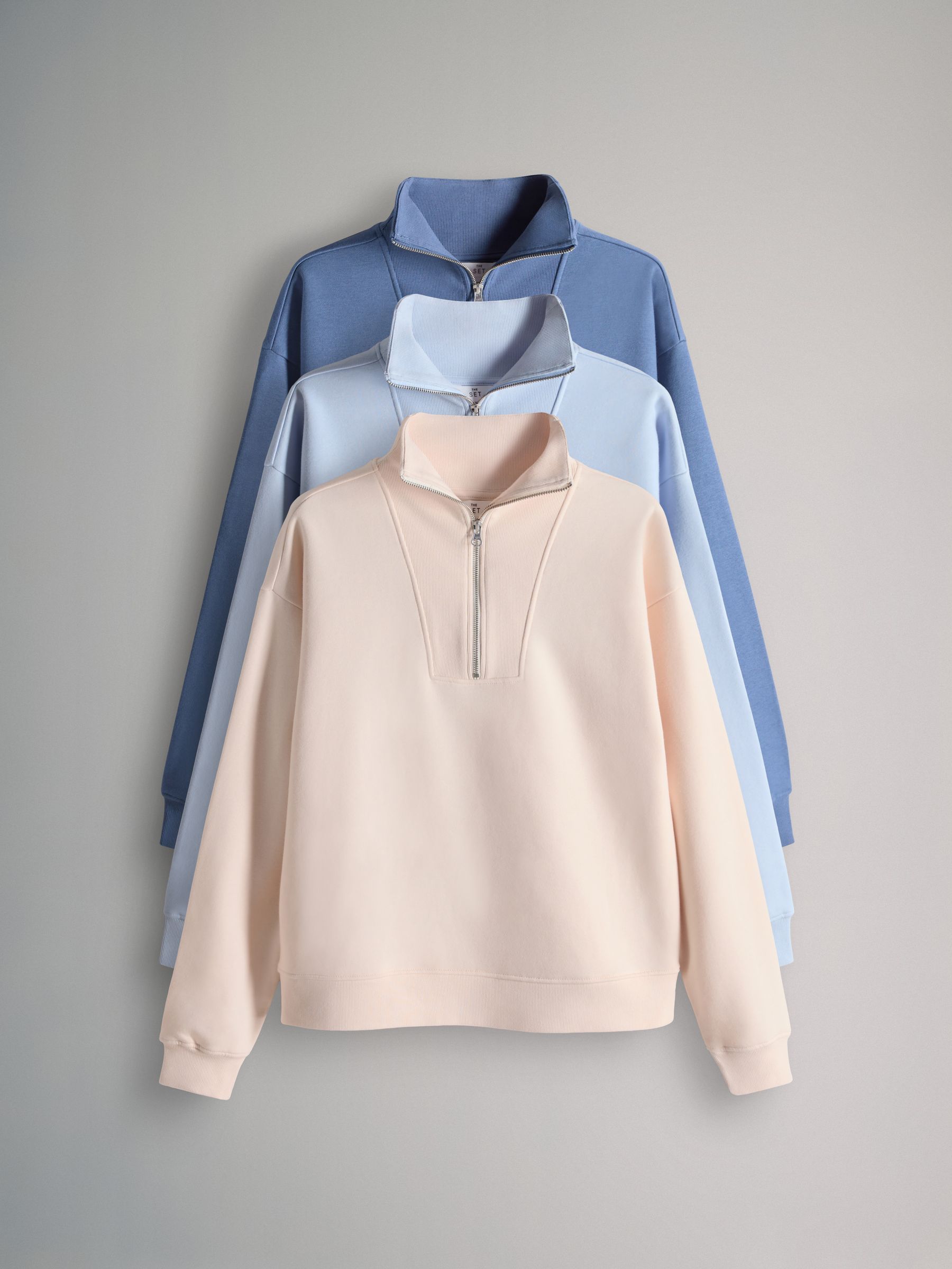 Blue/Light Blue/White 3 Pack Half Zip Ribbed Funnel Neck Sweatshirts - Image 1 of 6