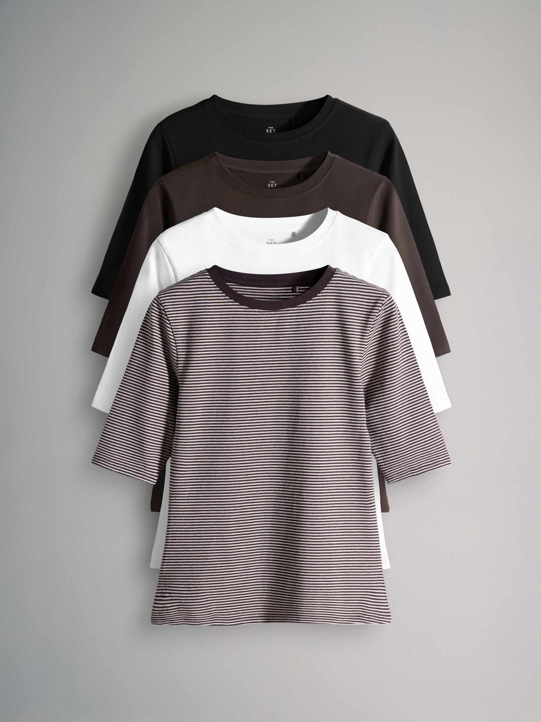 4 Pack Crew Neck Half Sleeve Fitted Tops Black/Chocolate Brown/White/Stripe - Image 1 of 6 4 Pack Crew Neck Half Sleeve Fitted Tops Black/Chocolate Brown/White/Stripe - Image 1 of 6