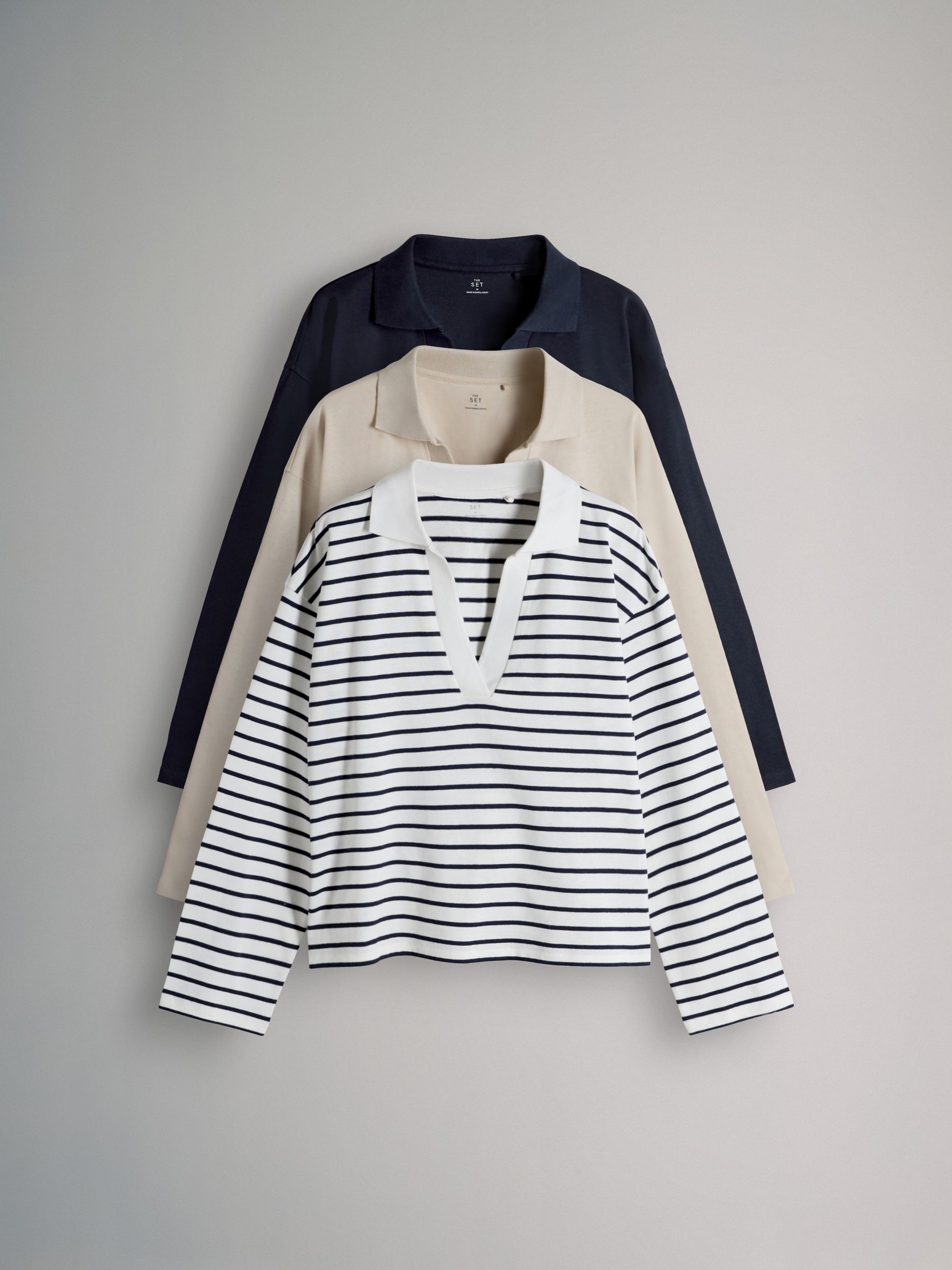 Navy/Stone/Stripe 3 Pack Long Sleeve Heavyweight Rugby T-Shirts - Image 2 of 6