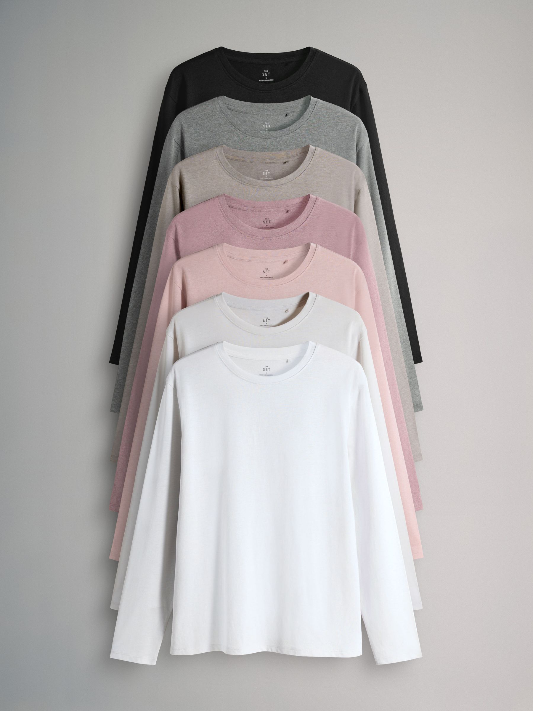 Black/Brown/Taupe/Pink/Light Pink/Cream/White 7 Pack Essential Long Sleeve T-Shirts - Image 1 of 6