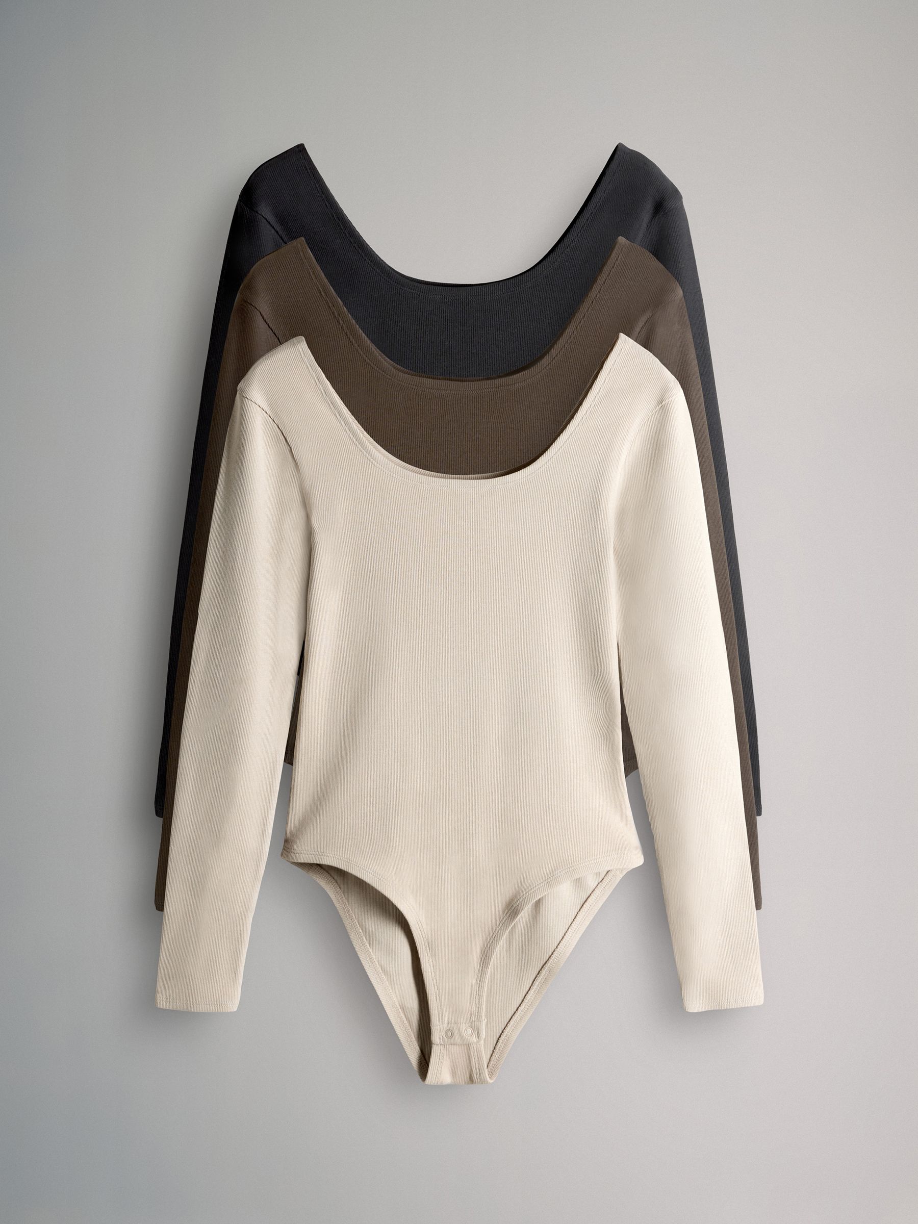 3 Pack Ribbed Long Sleeve Bodysuits Black/Chocolate/Cream - Image 1 of 6