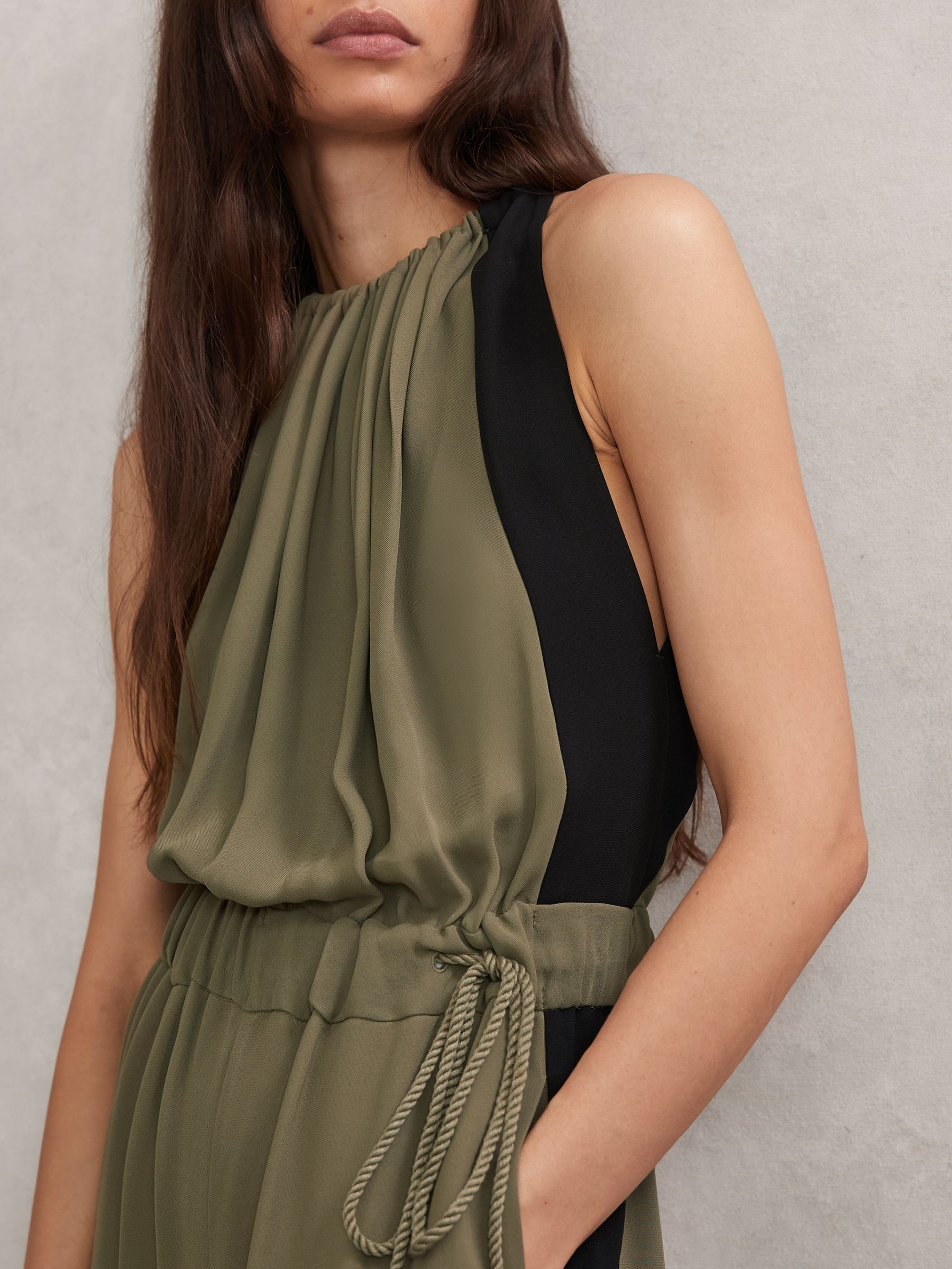 Colourblock Gathered Wide-Leg Jumpsuit in Khaki Green/Black - image 5