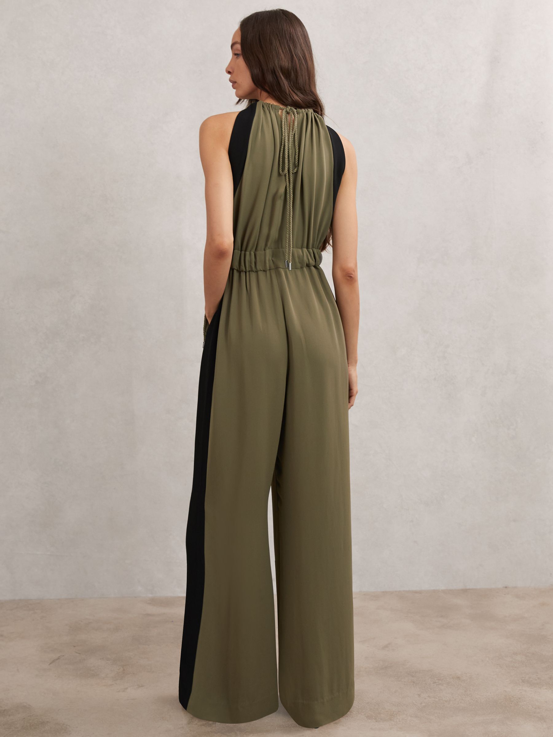 Colourblock Gathered Wide-Leg Jumpsuit in Khaki Green/Black - image 4