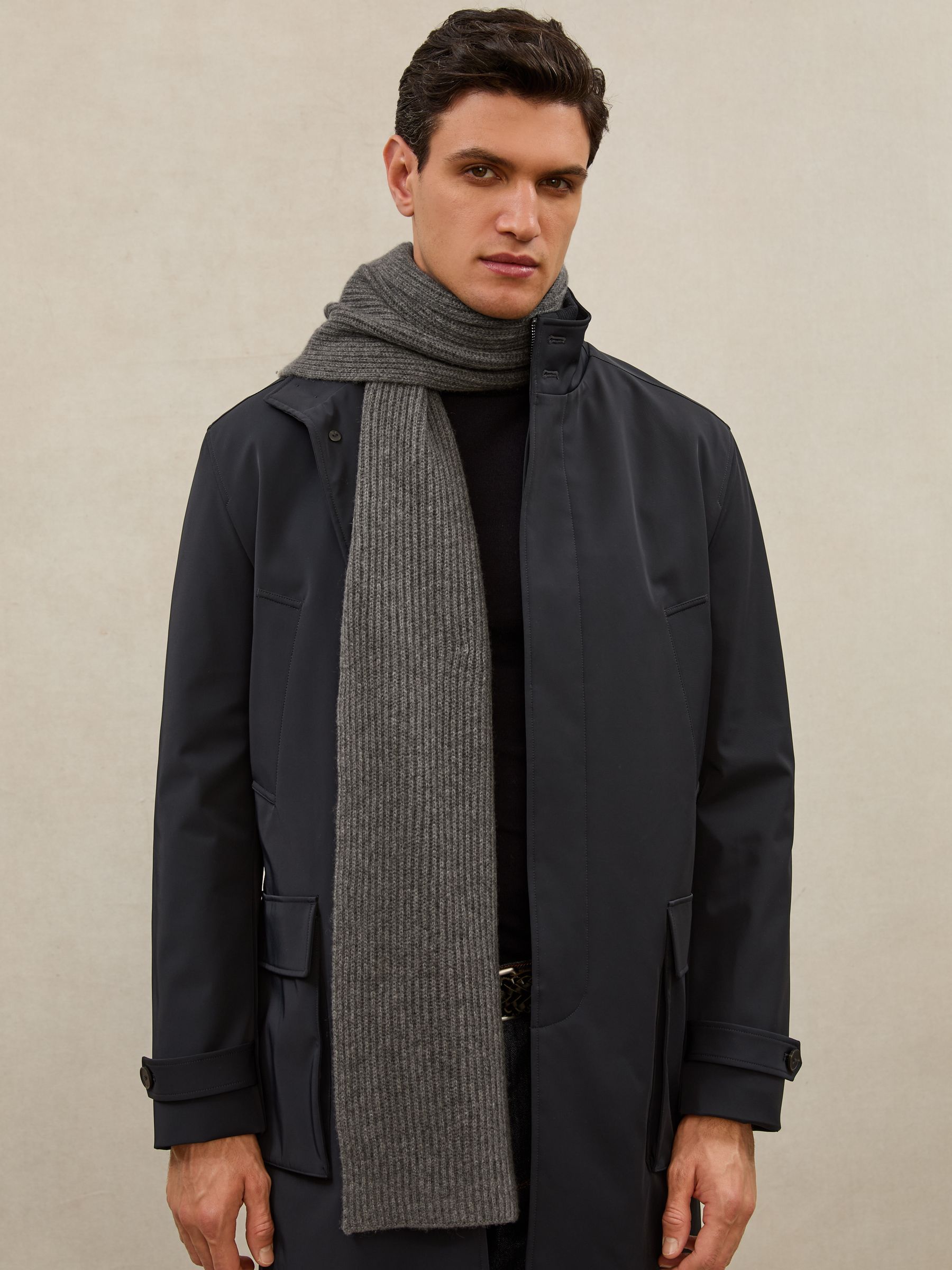 Atelier 100% Cashmere Rib-Knit Scarf in Mid Grey - Image 1 of 6