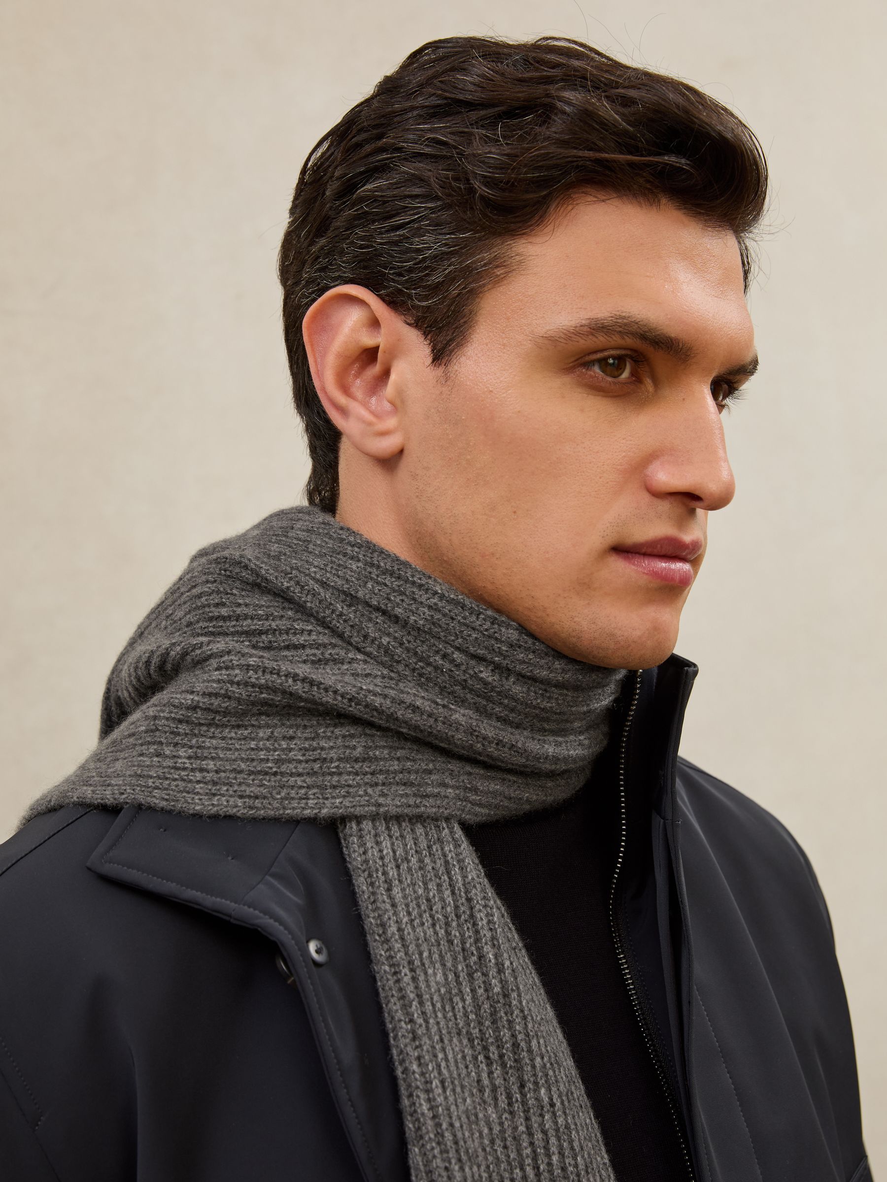 Atelier 100% Cashmere Rib-Knit Scarf in Mid Grey - Image 6 of 6