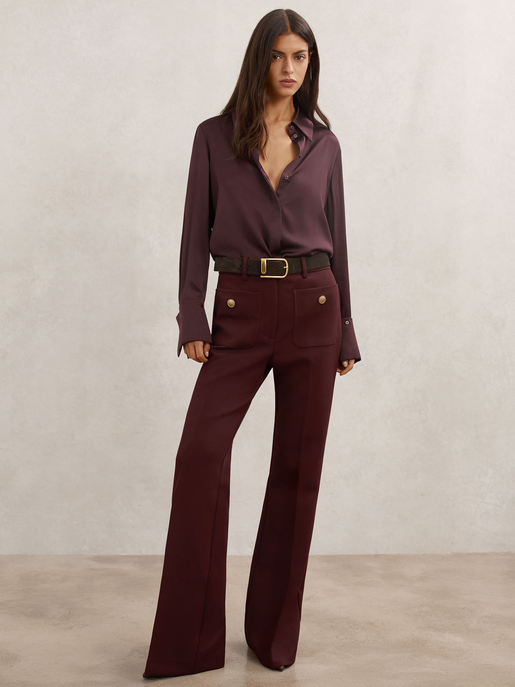 Petite Button-Pocket Flared Trousers in Dark Red - Image 3 of 7