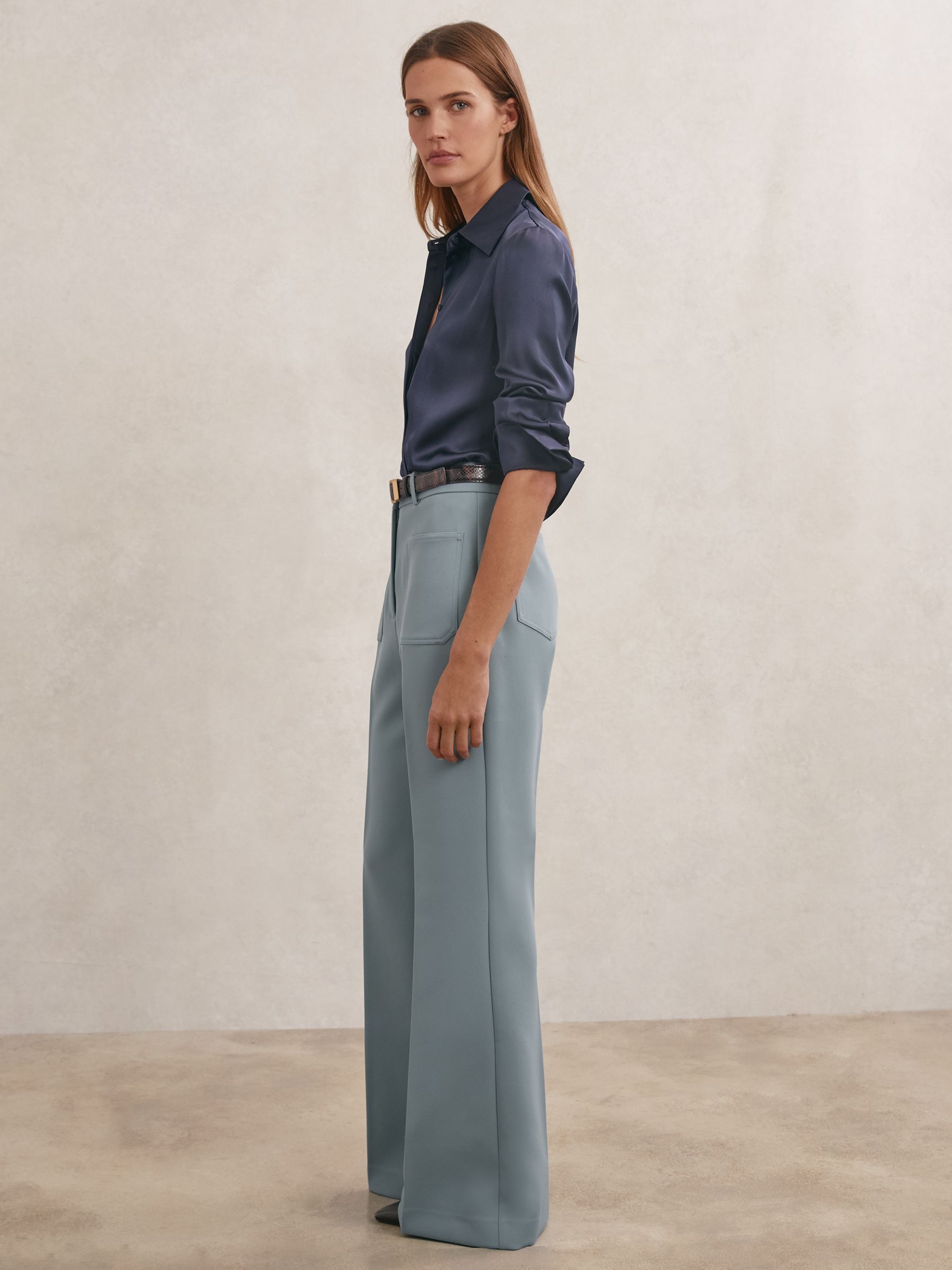 Twill Patch-Pocket Flared Trousers in Blue - image 5