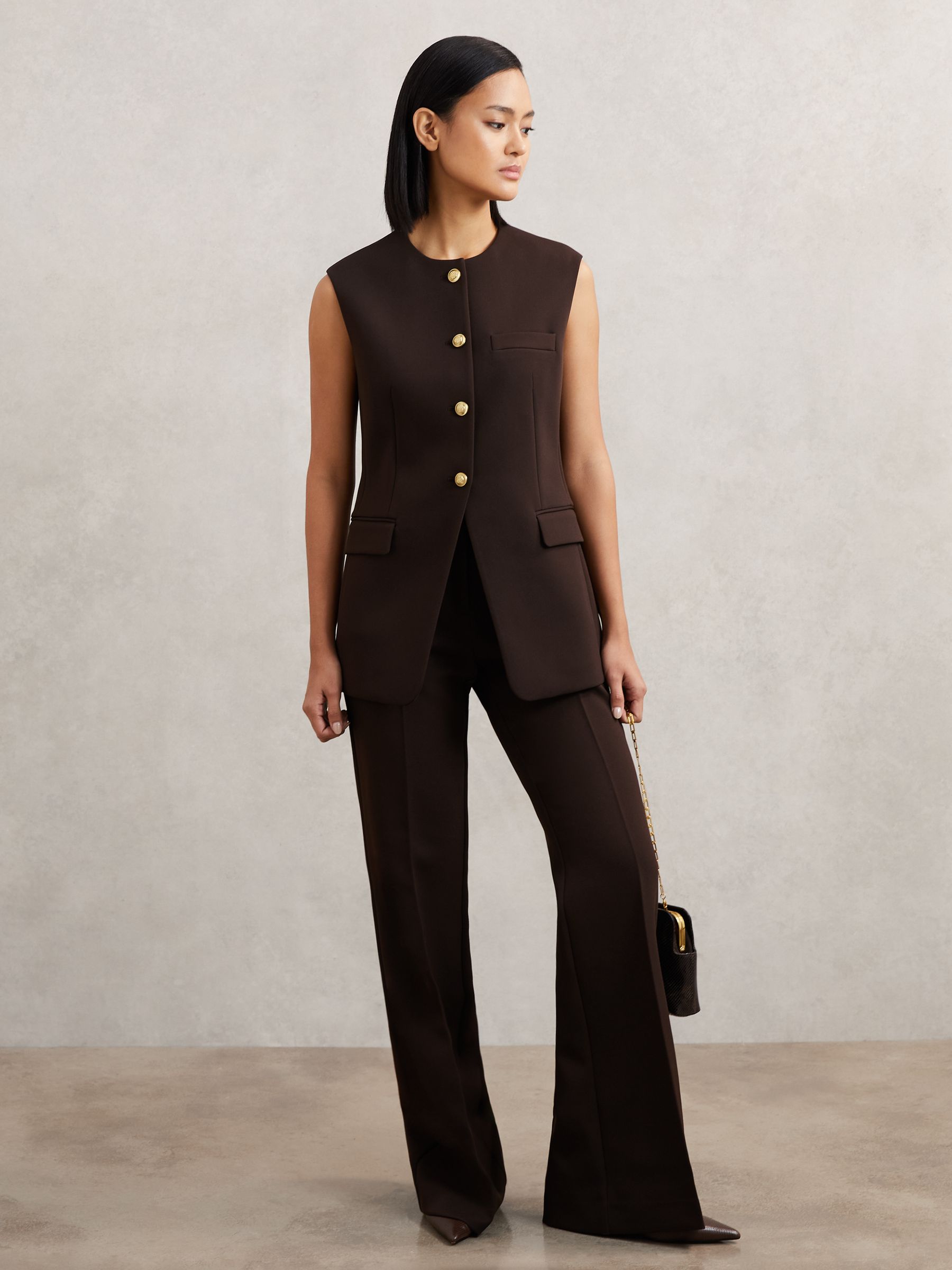 Longline Button-Through Waistcoat in Chocolate Brown - Image 3 of 7