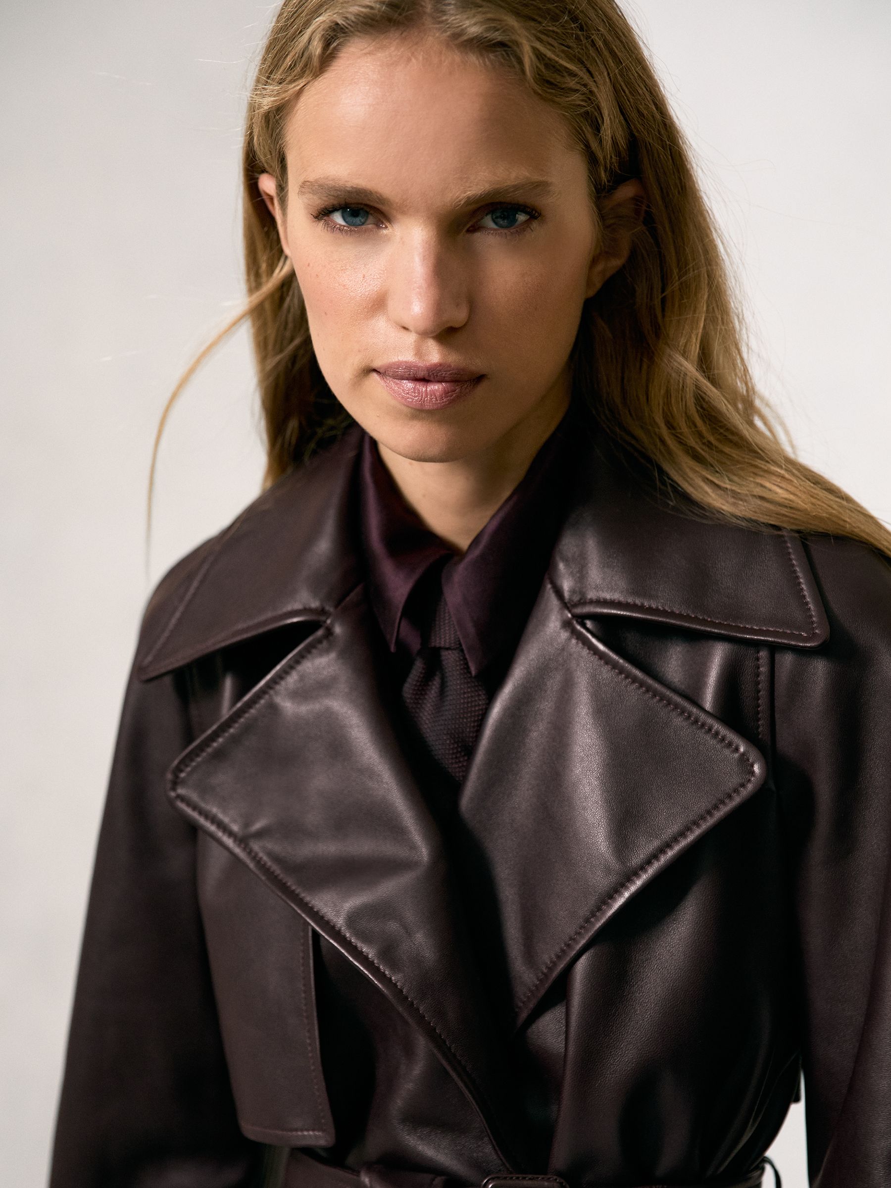Leather Cropped Trench Jacket in Oxblood Burgundy - Image 3 of 6