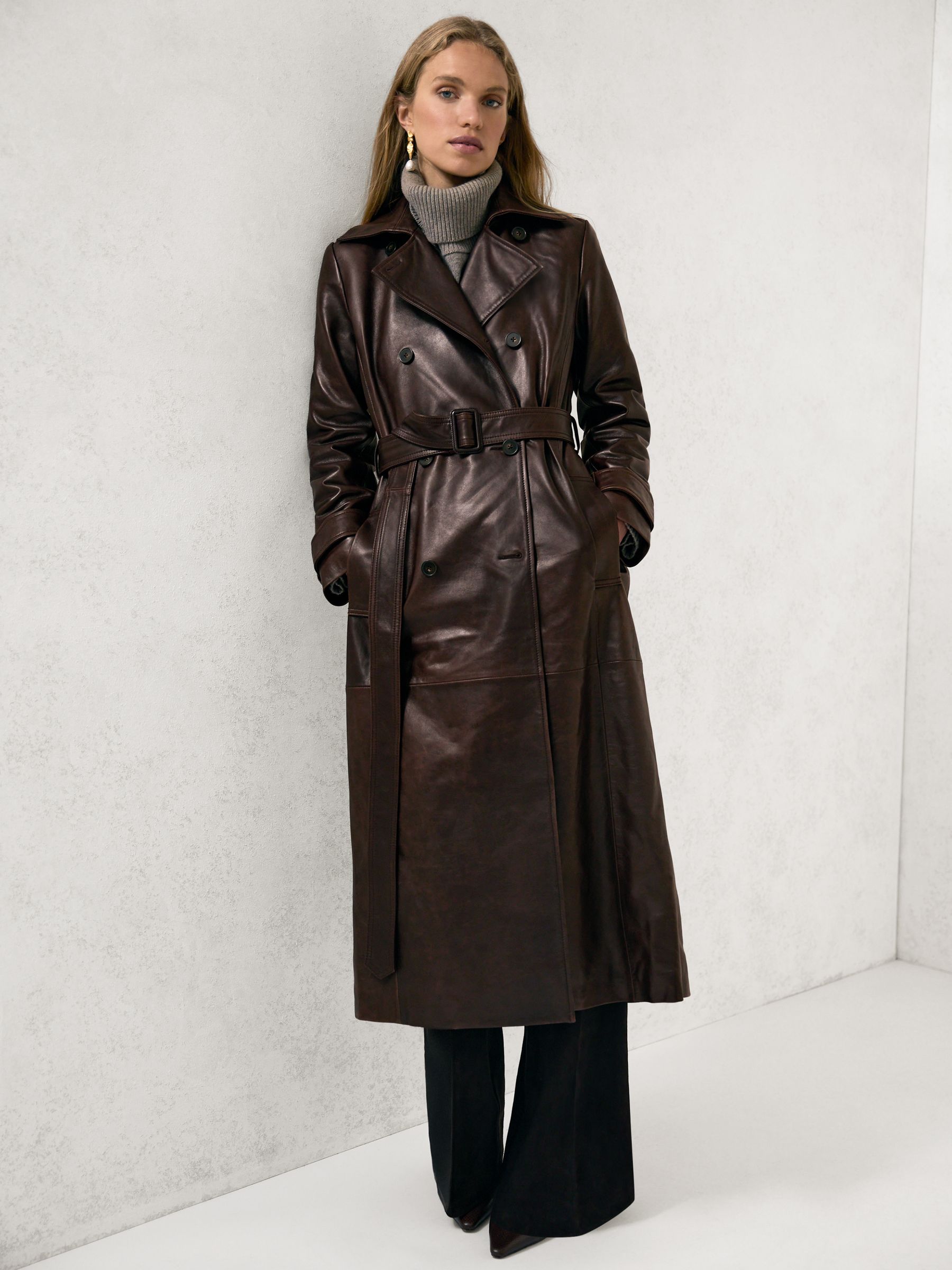 Reiss Petite Leather Double-Breasted Trench Coat in Chocolate | REISS