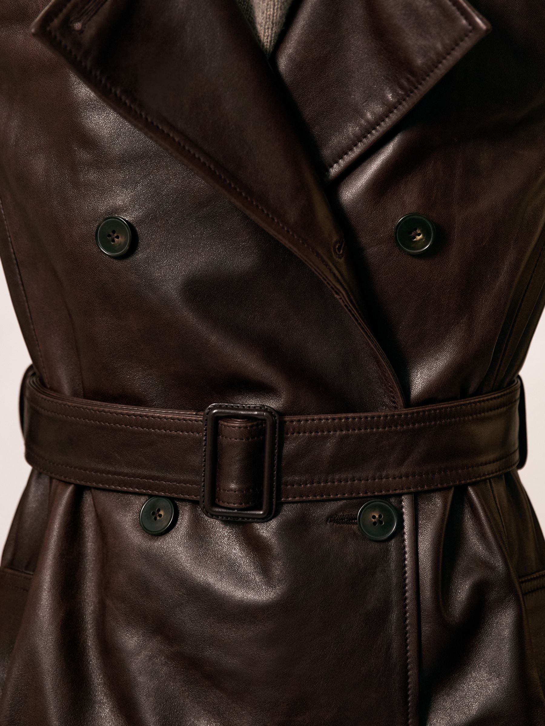 Reiss Petite Leather Double-Breasted Trench Coat in Chocolate | REISS